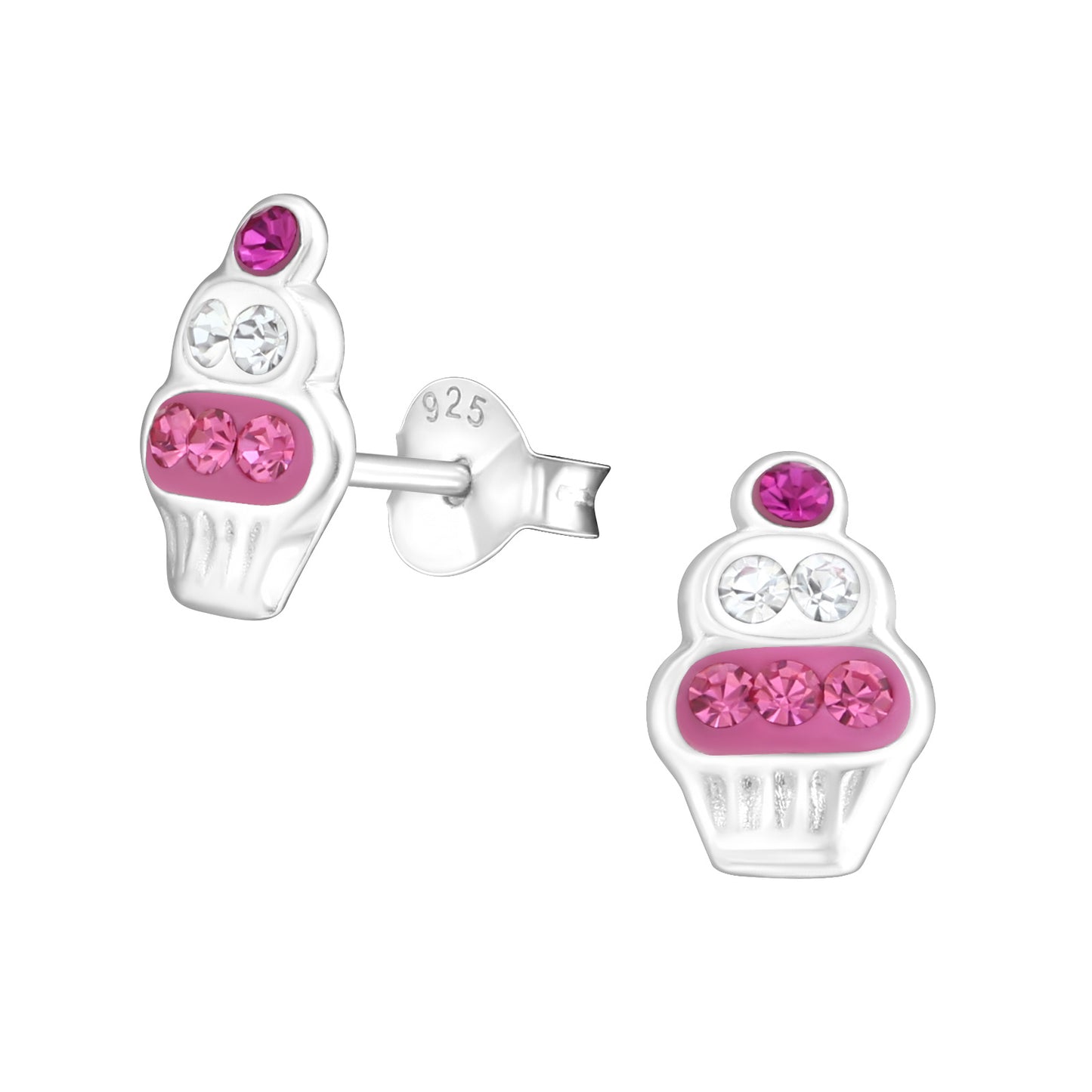 Cupcake-shaped earrings with pink gemstones on a white background