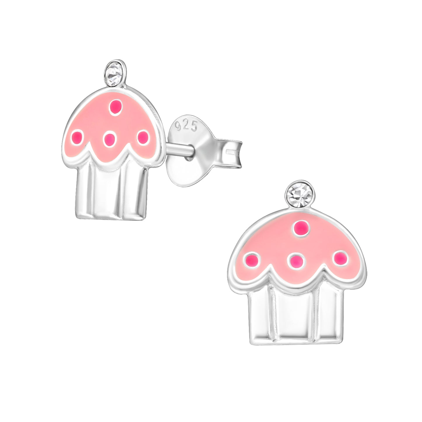 Kids Earrings, Girls Pink Cupcake Dessert Studs, Sterling Silver