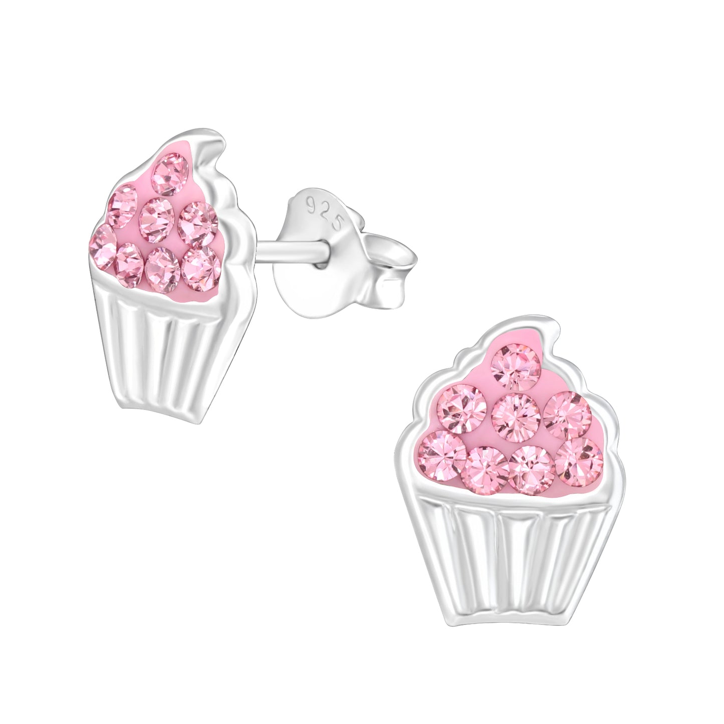 Cupcake-shaped earrings with pink gemstones on a white background