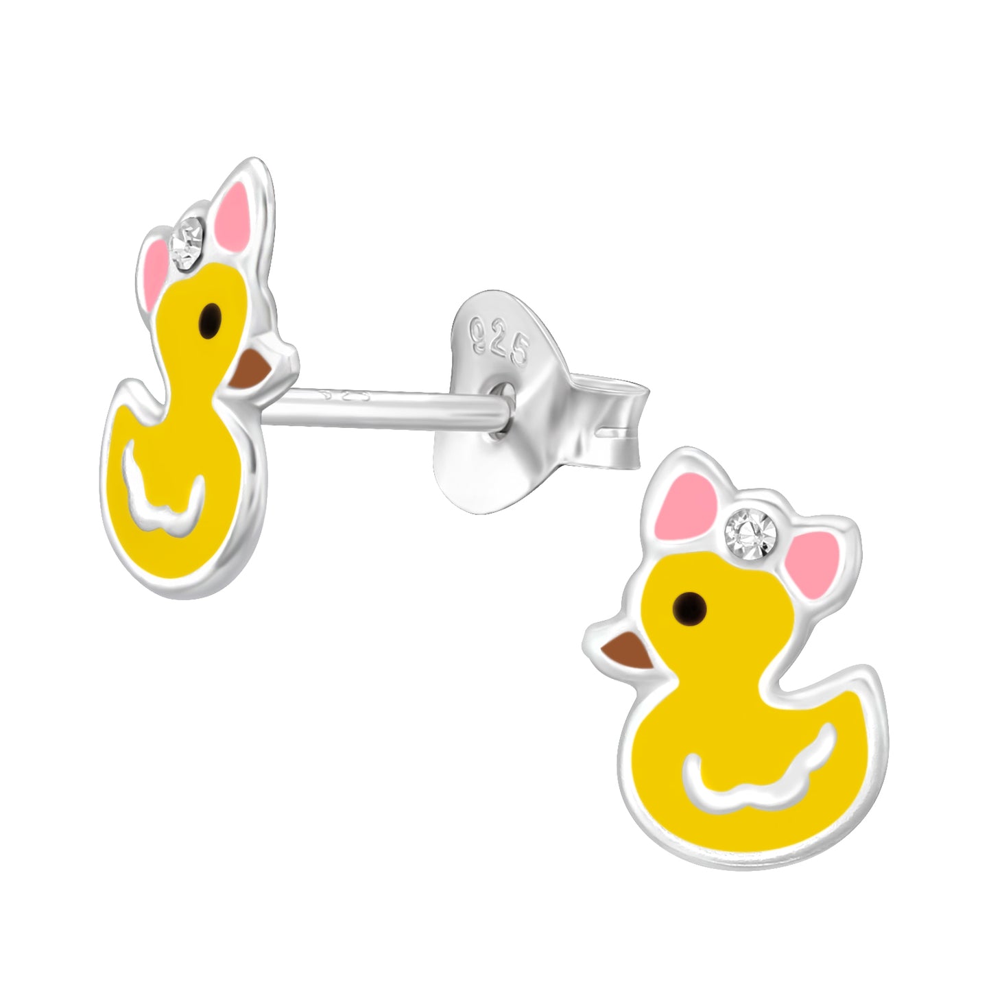 Yellow duck-shaped earrings with pink ears and a clear gemstone on a white background