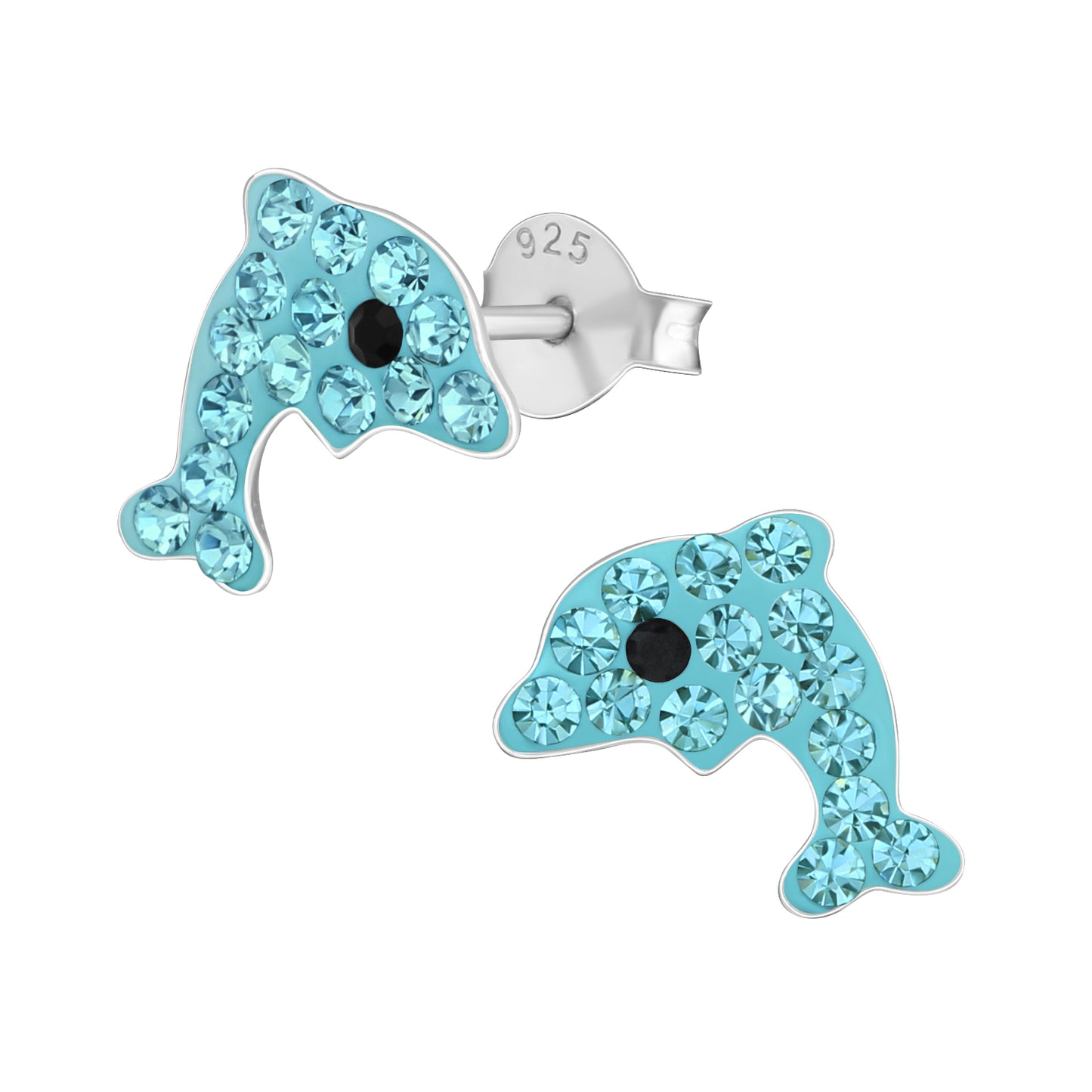 Dolphin-shaped earrings with turquoise gemstones on a white background