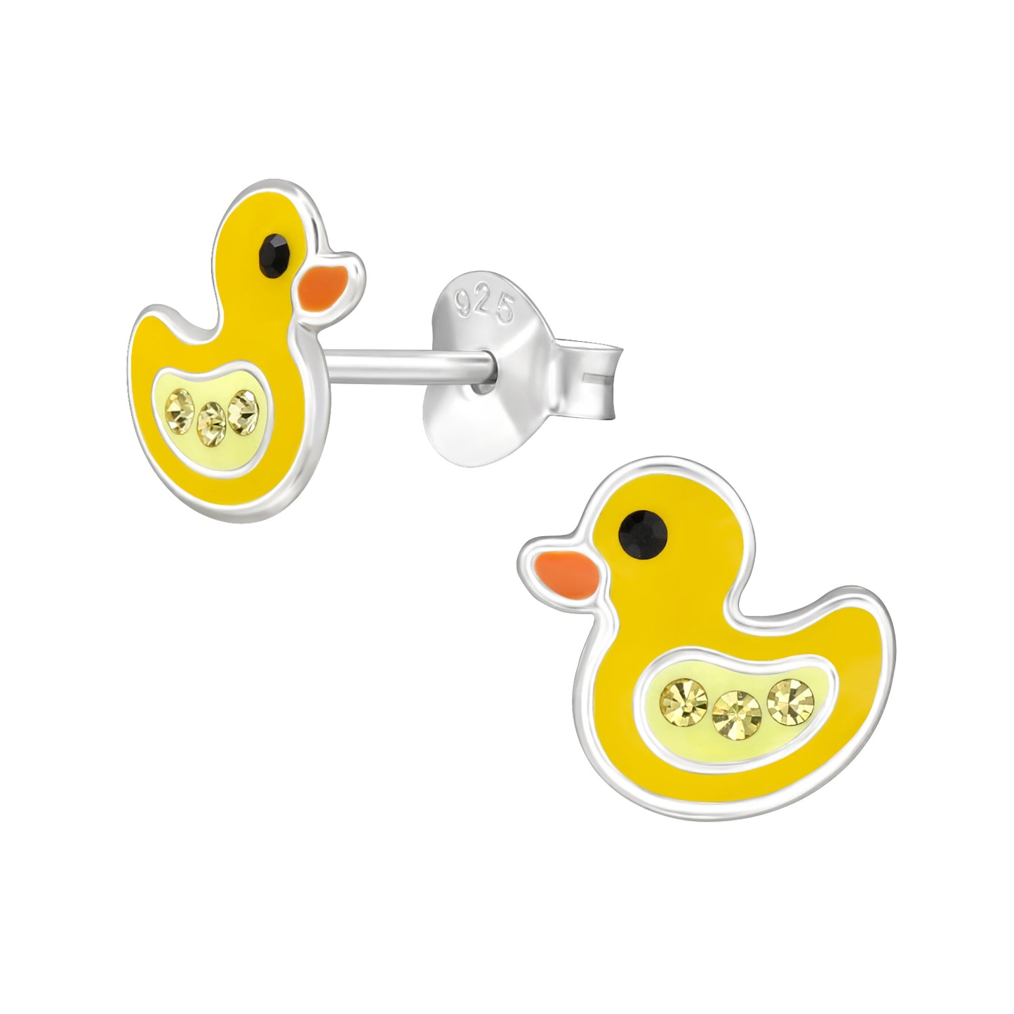 Yellow duck-shaped earrings with a clear gemstone on a white background
