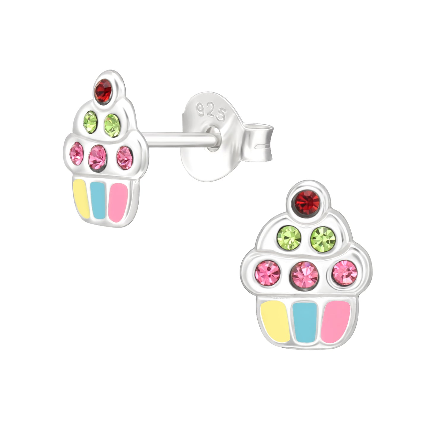 Kids Earrings, Girls Pink Cupcake Dessert Studs, Sterling Silver