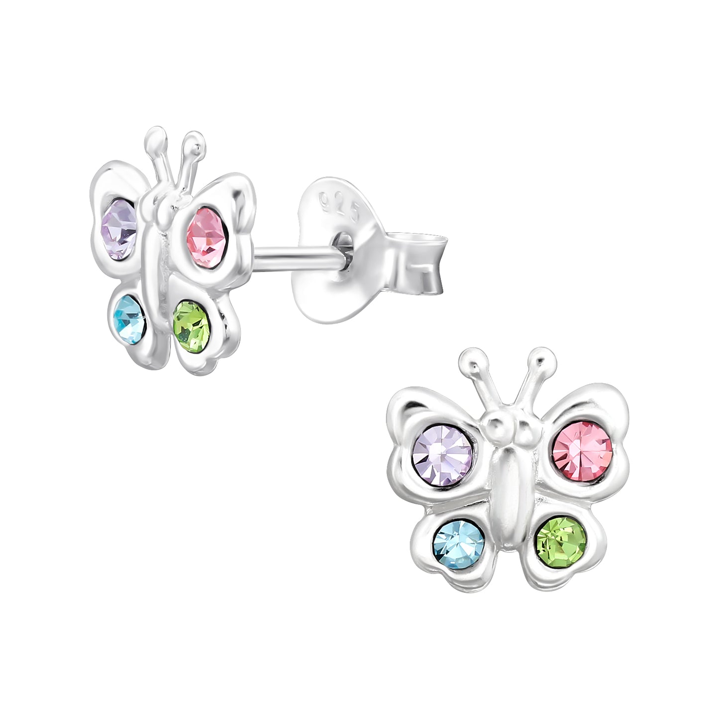 Rhinestone Butterfly Studs, Girls Sterling Silver Earrings for Children
