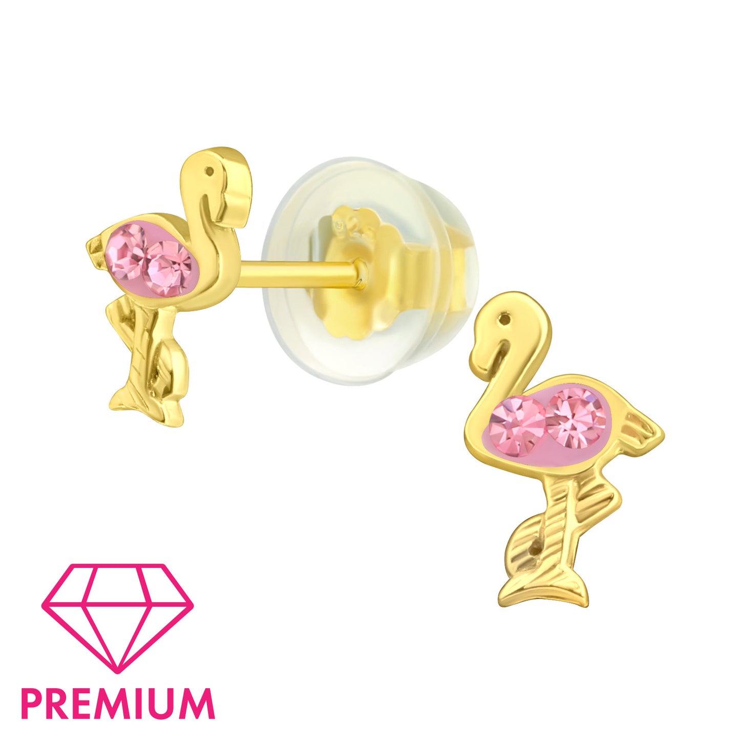 Flamingo Earrings, Gold Bird Studs - Sterling Silver Animal Earrings