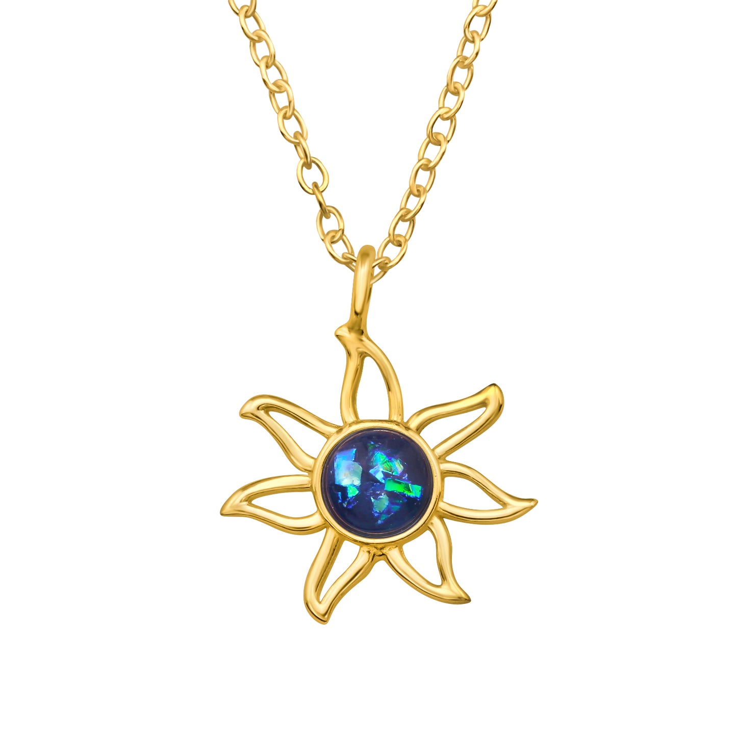 Sun Necklace, Flower Pendant in Gold - Sterling Silver, Faux Opal