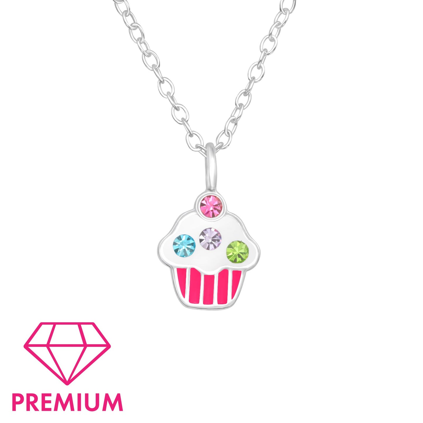Cupcake-shaped necklace with colorful gemstones on a white background, featuring the 'Premium' brand logo.