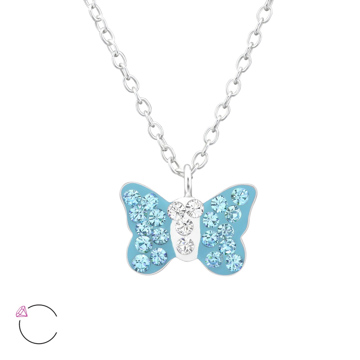 Blue Butterfly Necklace - Shiny Diamanté Crystals on Sterling Silver