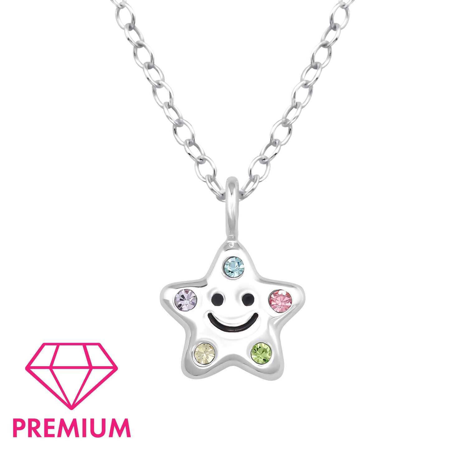 Star-shaped pendant with colorful stones on a silver chain against a white background, featuring a 'Premium' label.