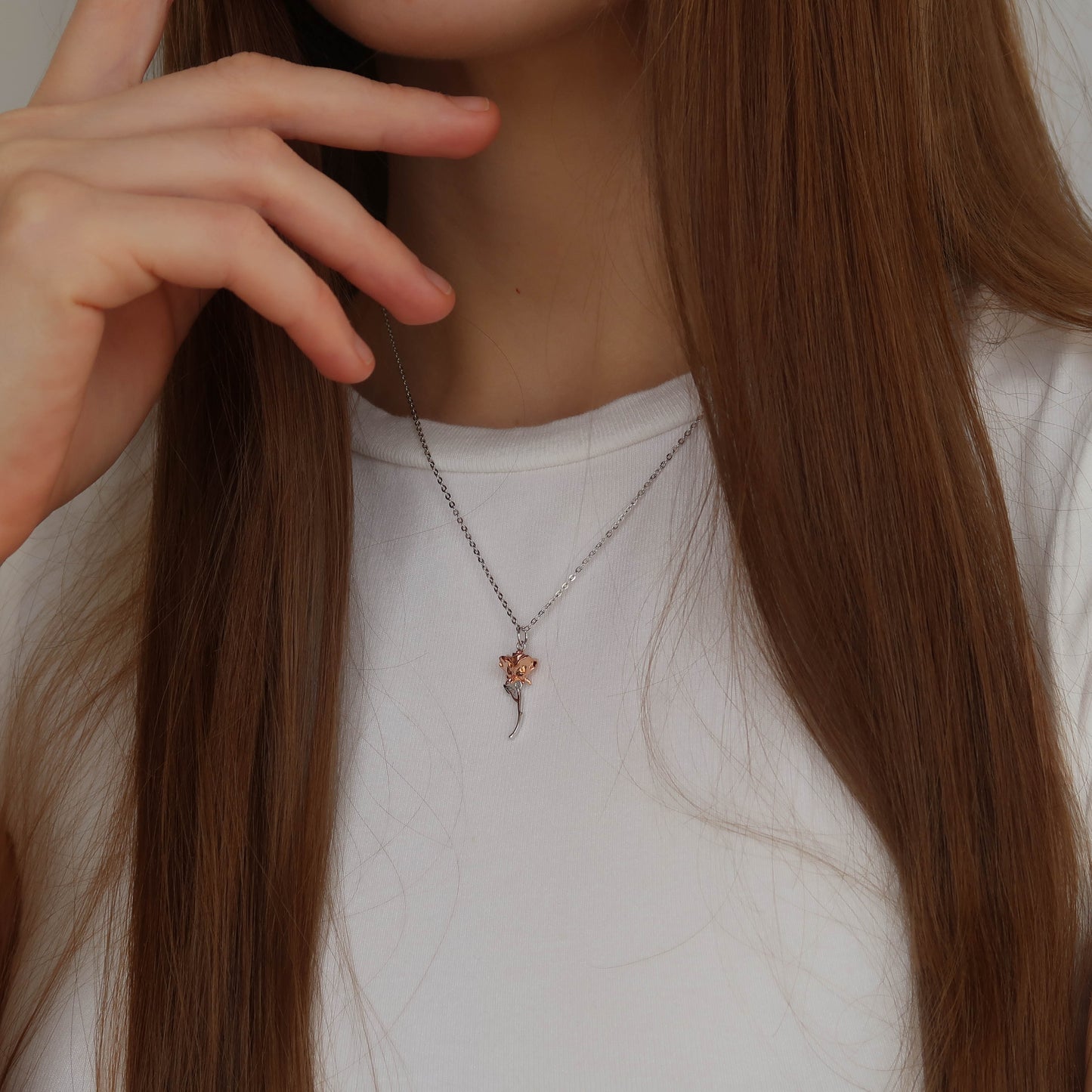 Peachy Rose Gold Flower Pendant (45cm) - Sterling Silver Necklace