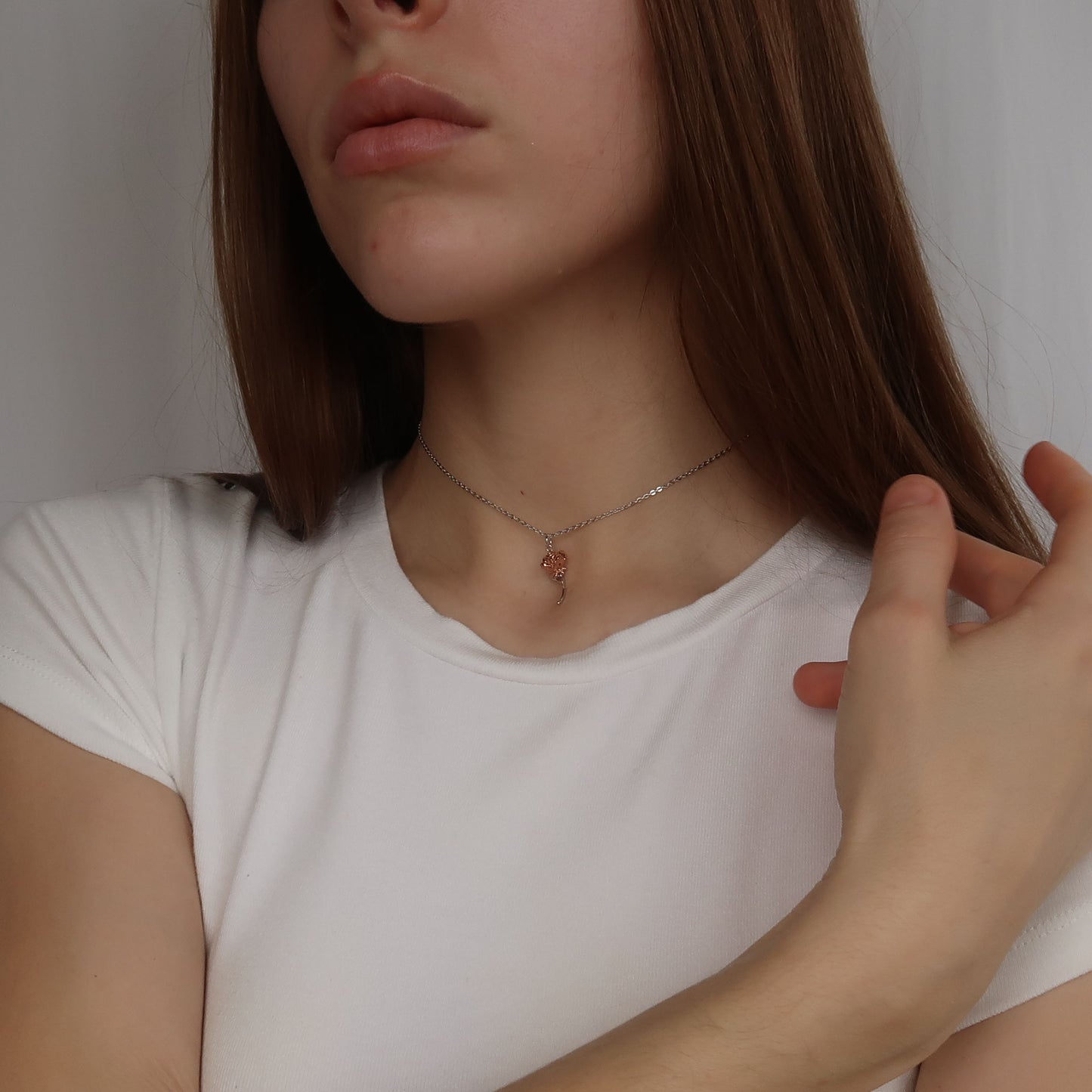 Peachy Rose Gold Flower Pendant (45cm) - Sterling Silver Necklace