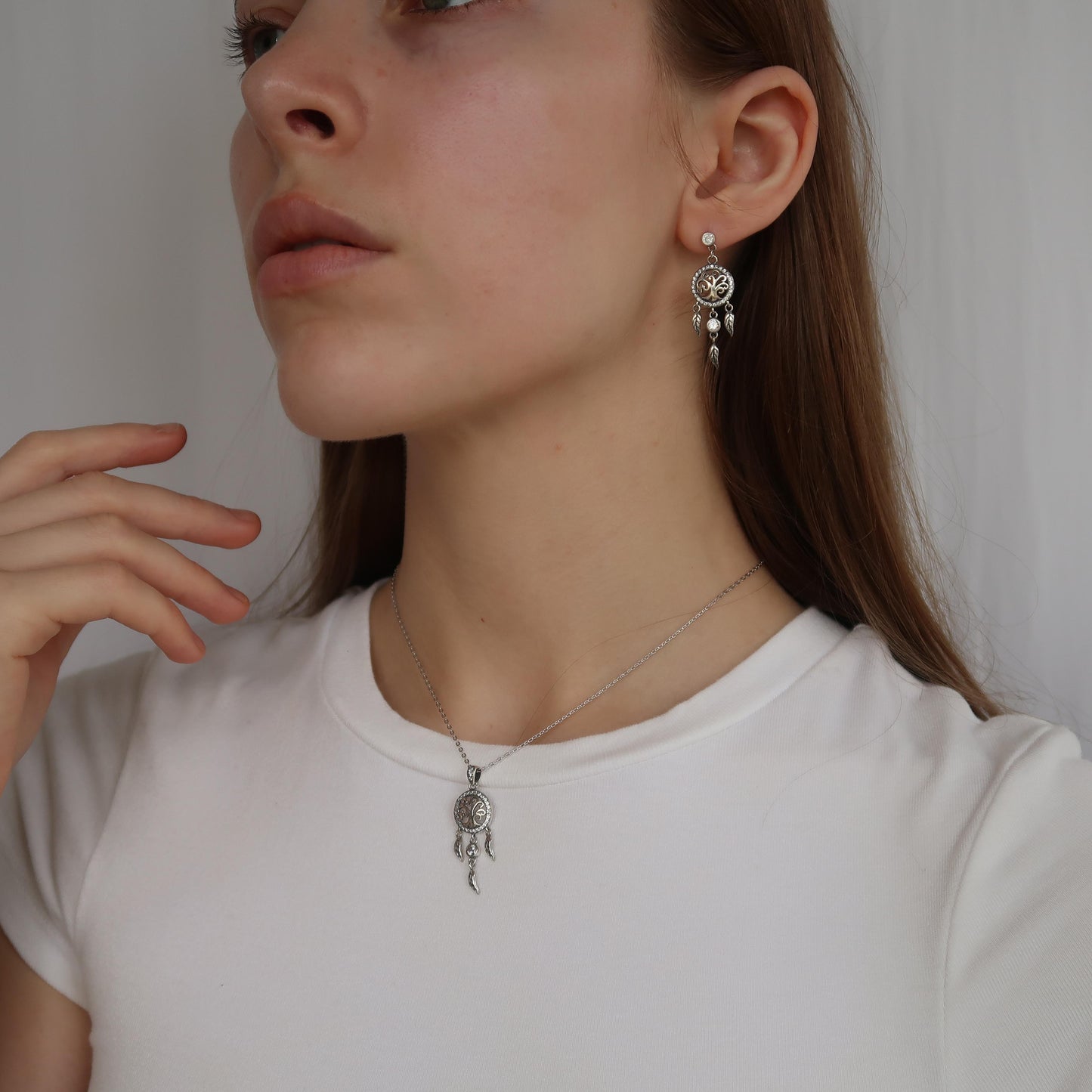 SILVER TREE OF LIFE EARRINGS - with Hanging Feather Charms