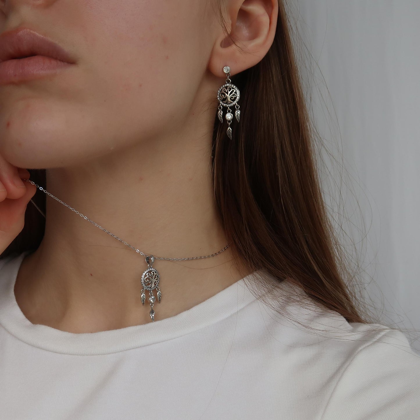 SILVER TREE OF LIFE EARRINGS - with Hanging Feather Charms