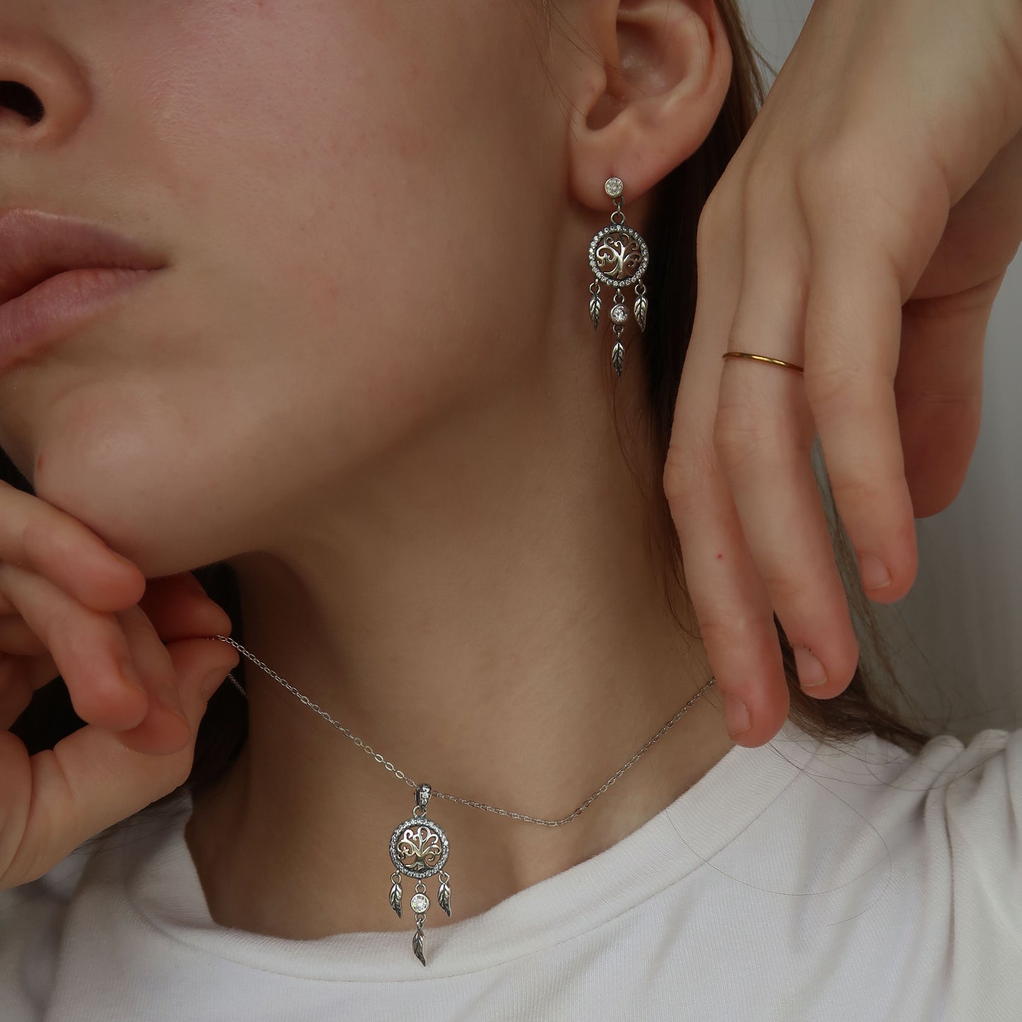 SILVER TREE OF LIFE EARRINGS - with Hanging Feather Charms