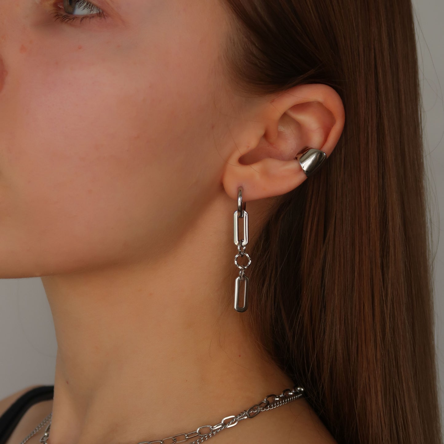 Chain Link Hoops - SILVER Geometric Hang Drop Earrings (Waterproof)