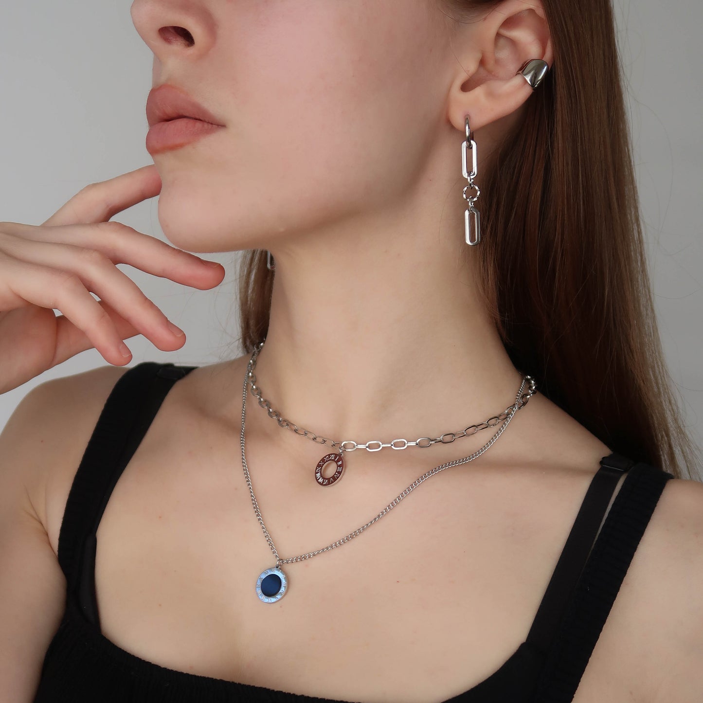 Silver Round Pendant Necklace - Layered Curb Cable Chains