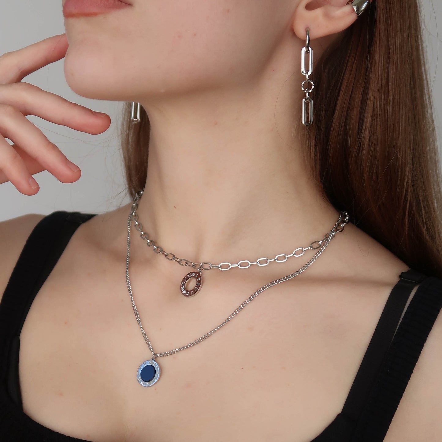 Silver Round Pendant Necklace - Layered Curb Cable Chains