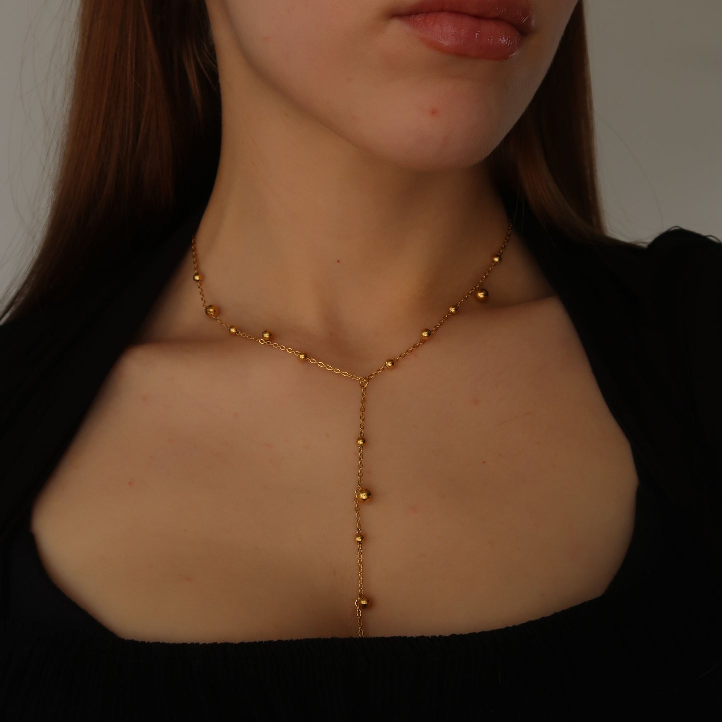 Womens Gold Bead Lariat - Ball Charmed Necklace Chain