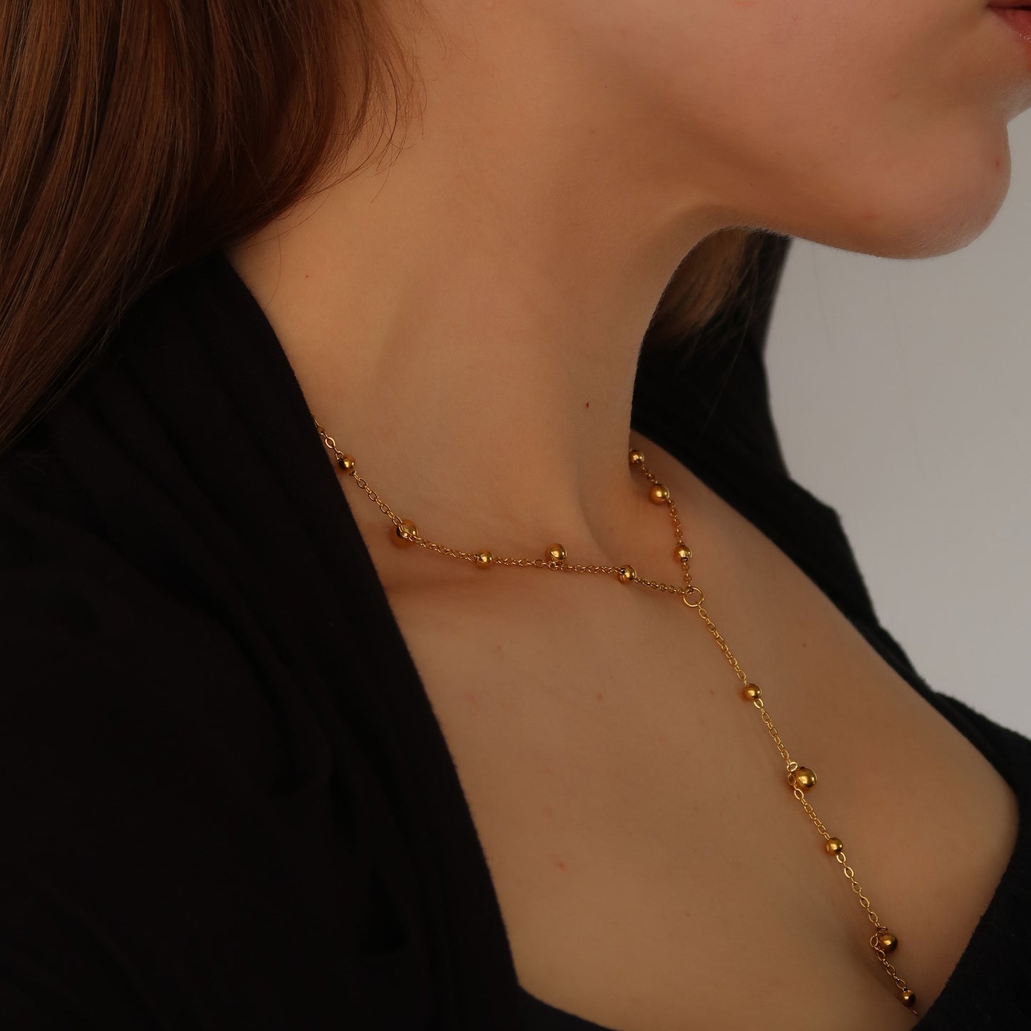 Womens Gold Bead Lariat - Ball Charmed Necklace Chain