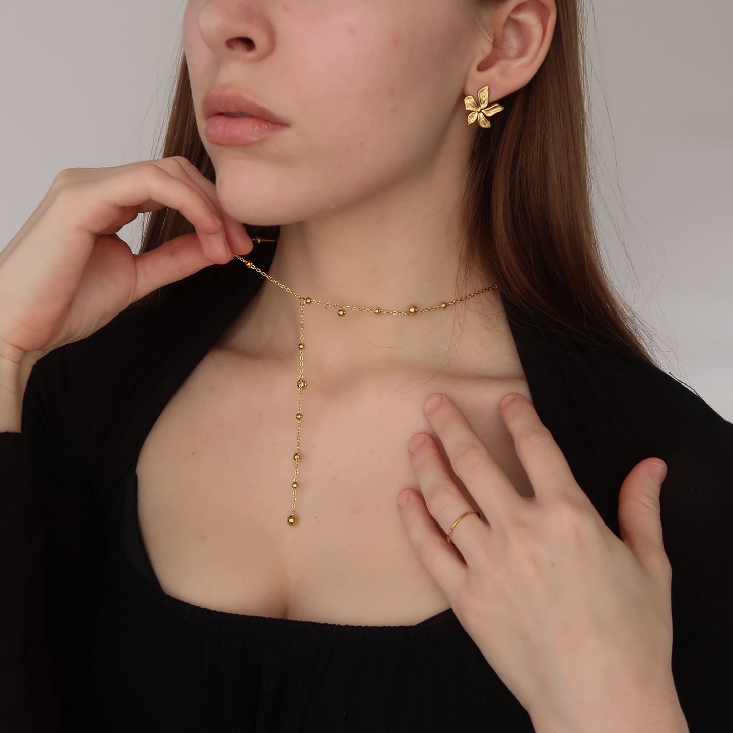 Womens Gold Bead Lariat - Ball Charmed Necklace Chain