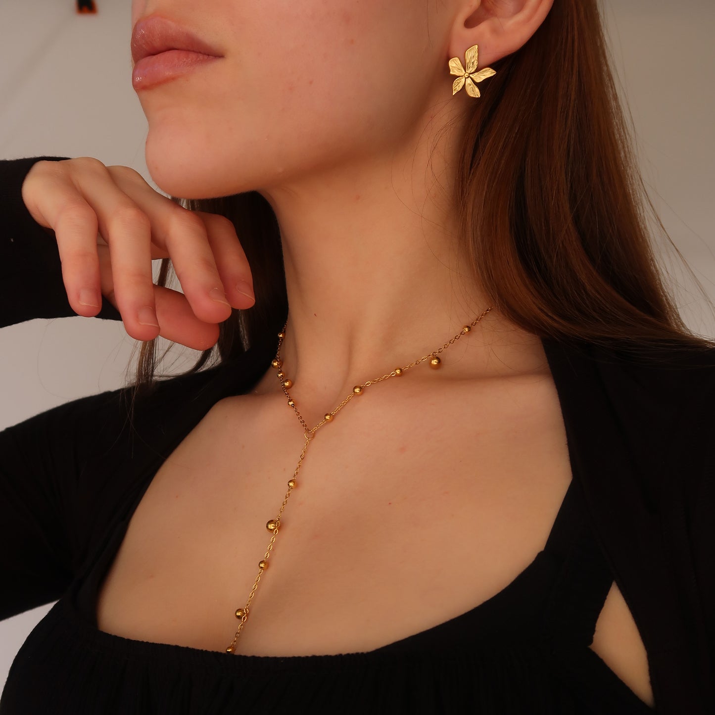 Womens Gold Bead Lariat - Ball Charmed Necklace Chain