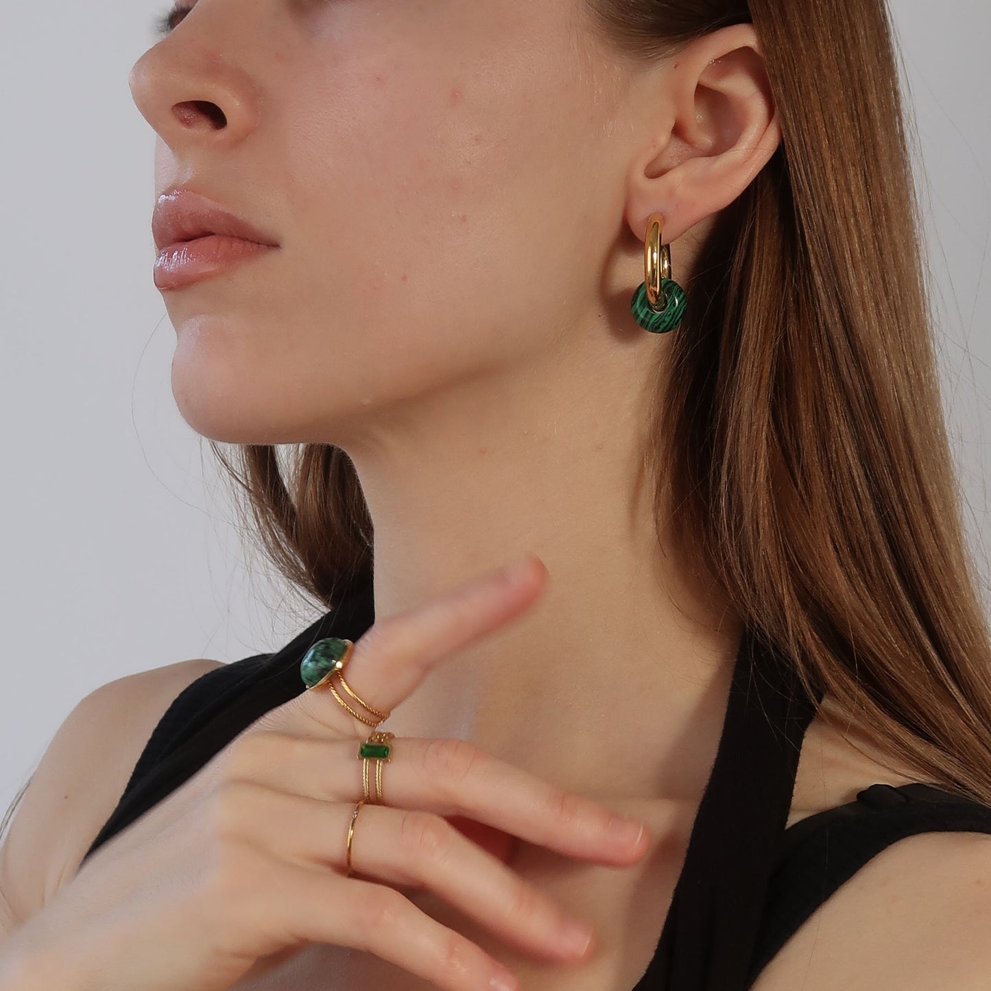 Green Tiger Bead Hoops - Gold Plated Stainless Steel Earrings (Striped)