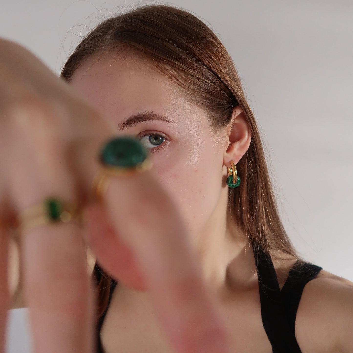 Green Tiger Bead Hoops - Gold Plated Stainless Steel Earrings (Striped)