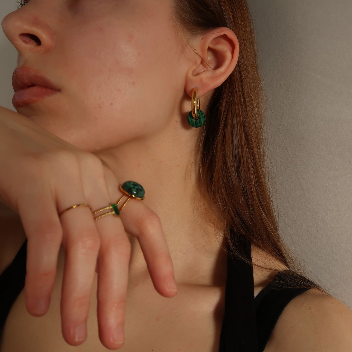 Green Tiger Bead Hoops - Gold Plated Stainless Steel Earrings (Striped)