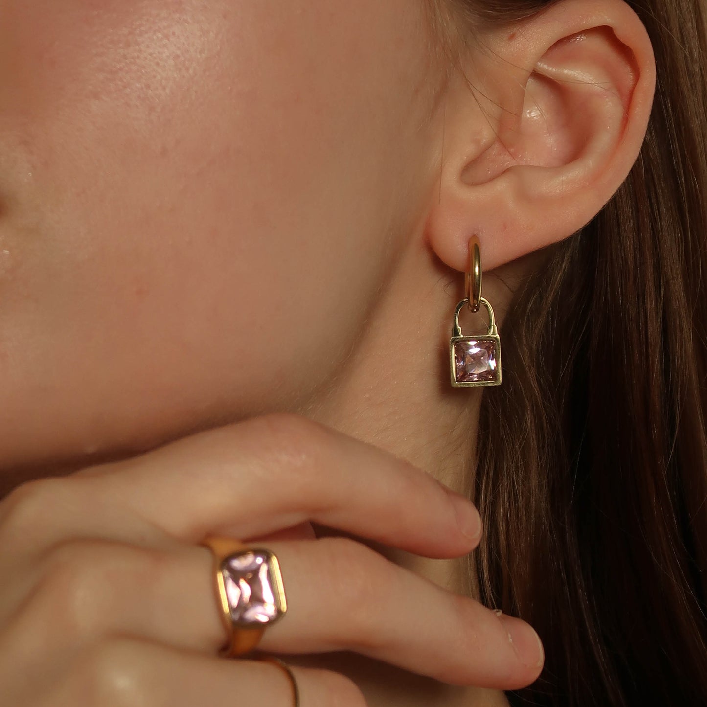 Sparkle Square - GOLD Drop Huggie Hoop Earrings (pink, green, white)