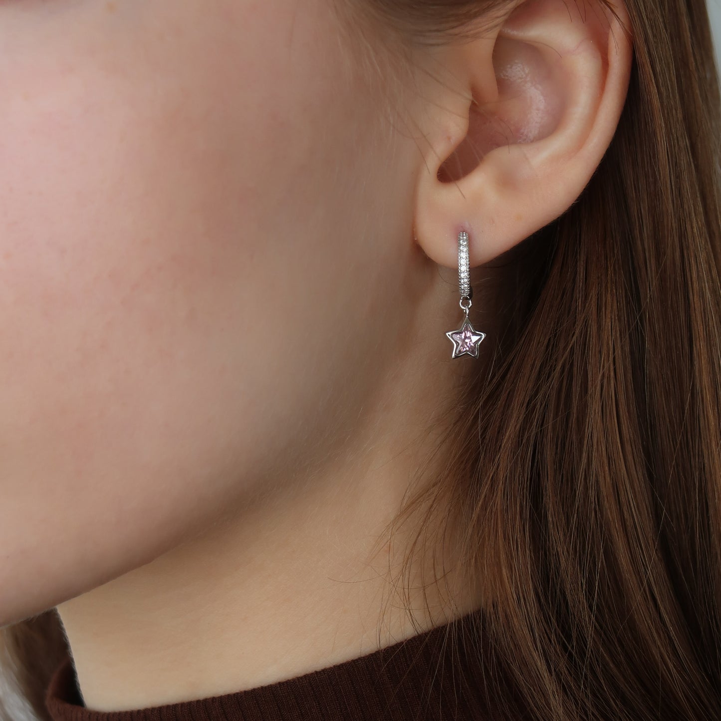 Pink Star Drop Earrings  - Platinum on Sterling Silver