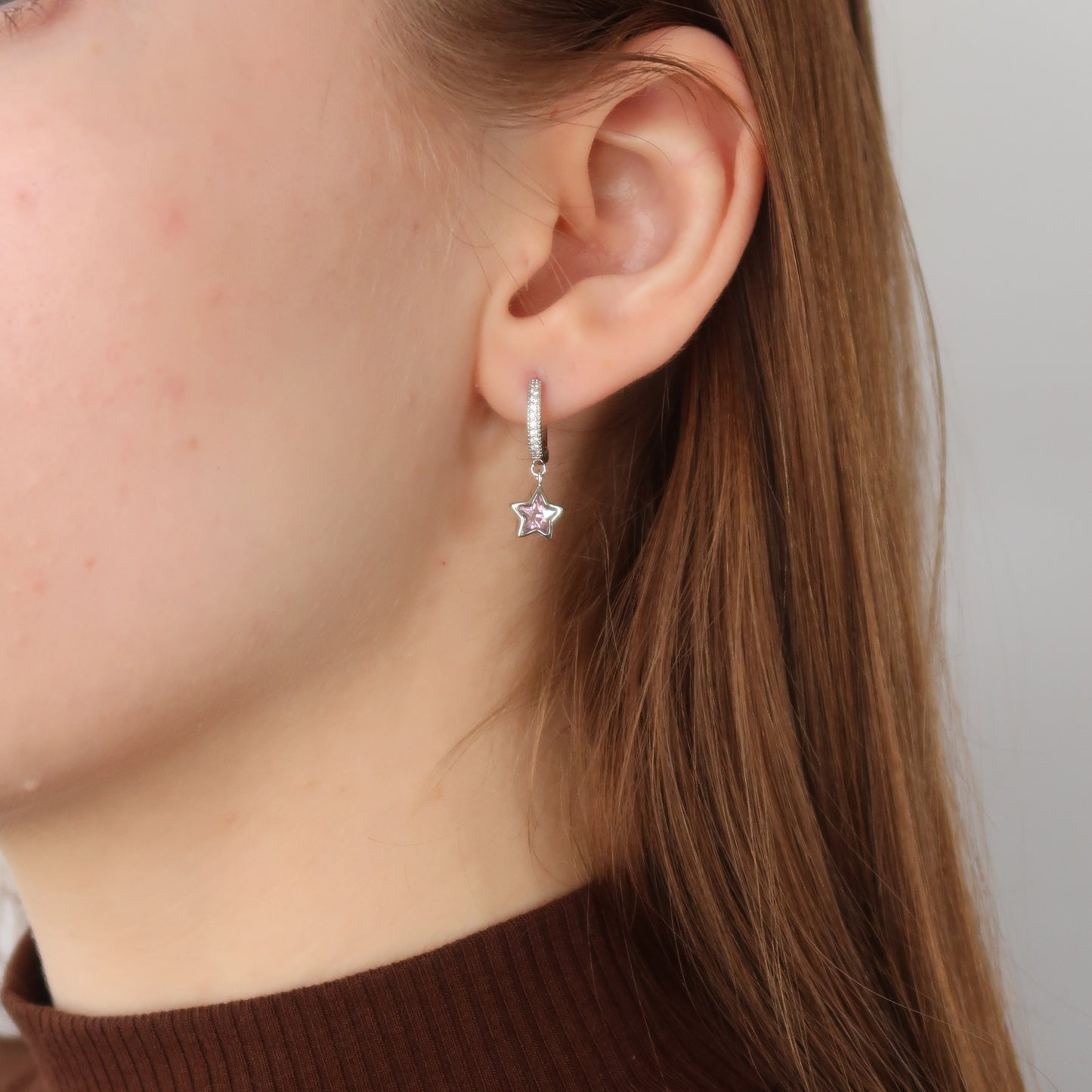 Pink Star Drop Earrings  - Platinum on Sterling Silver