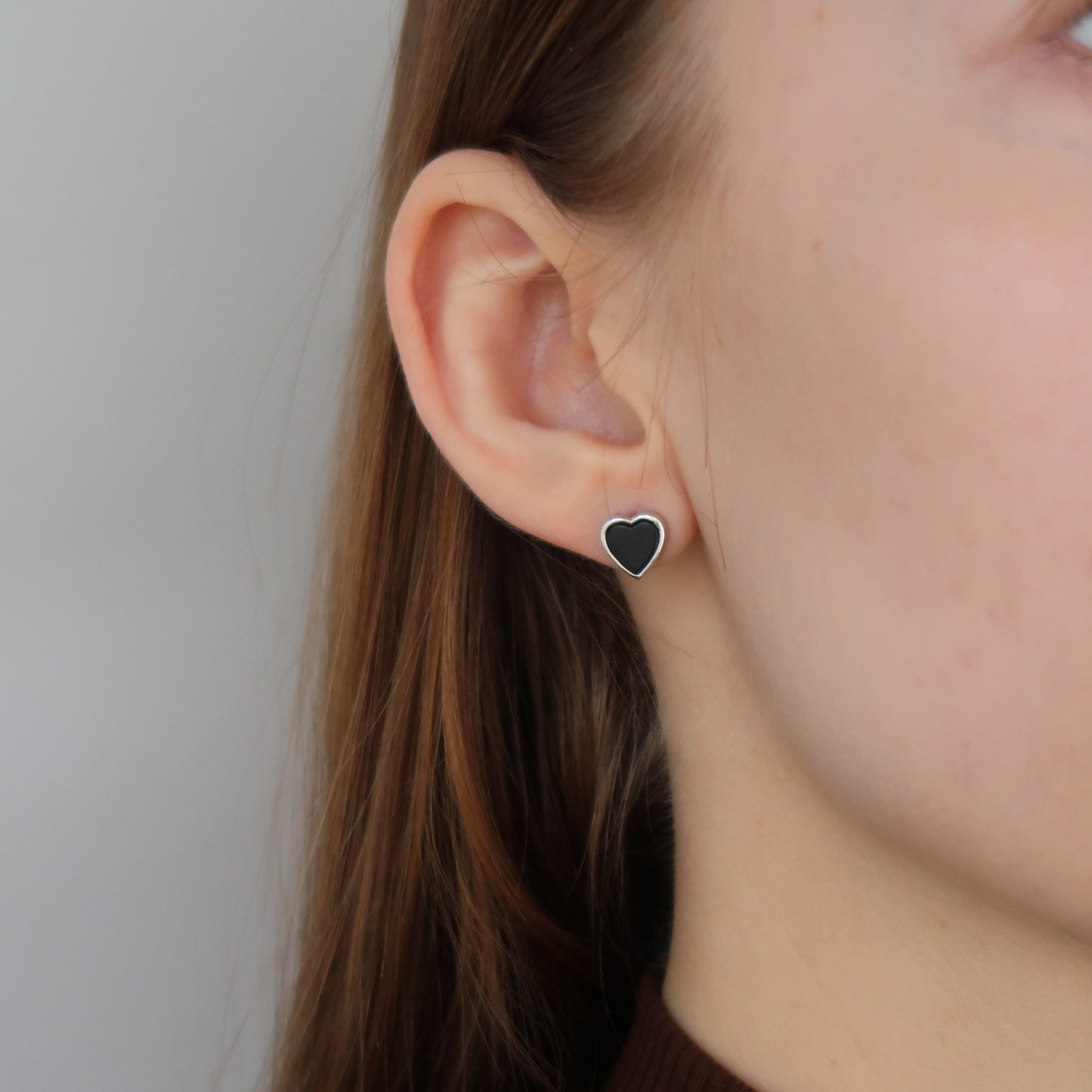 BLACK HEART STUDS - Sterling Silver, Platinum Plating