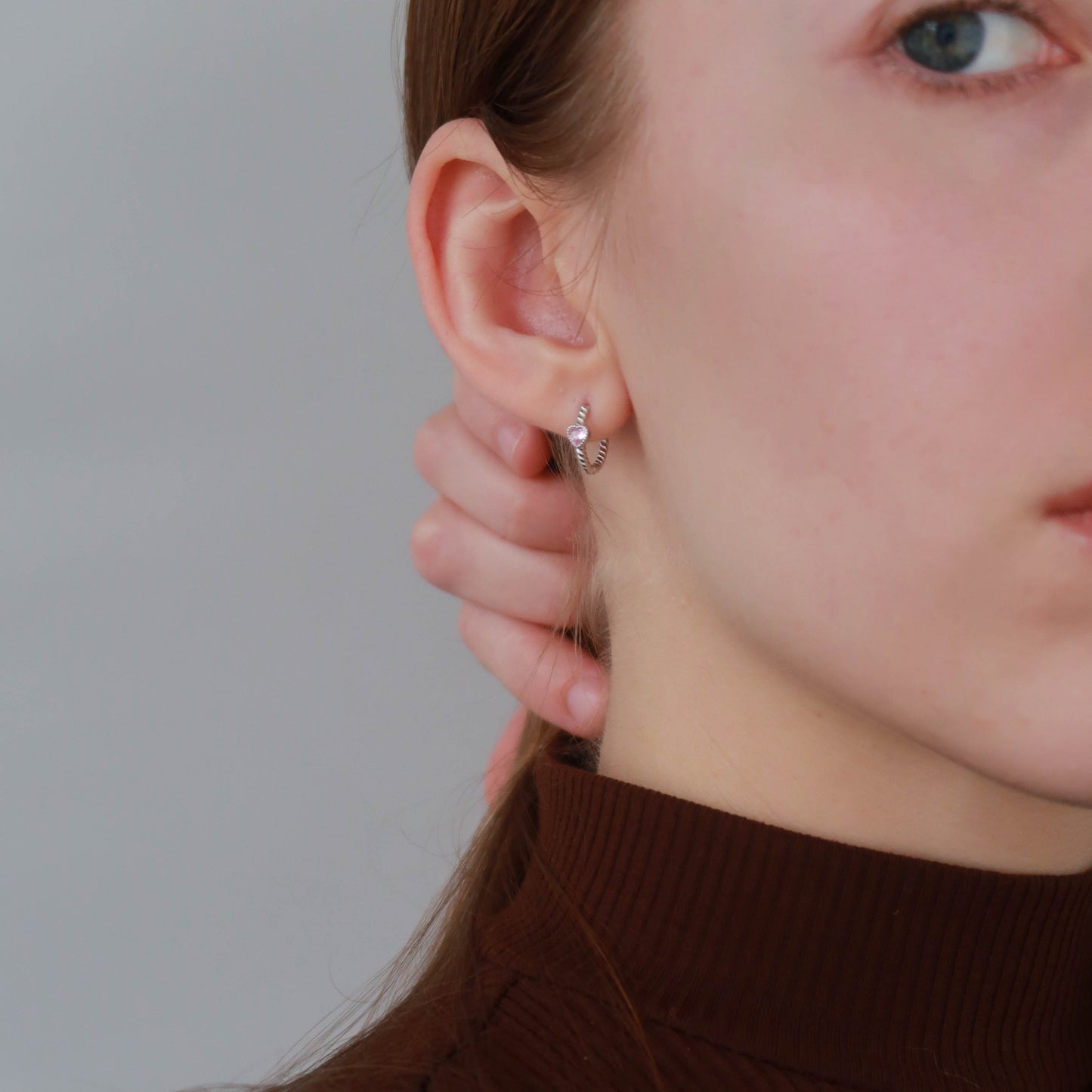 Pink Heart Silver Huggie Hoops - Sterling Silver Textured Earrings