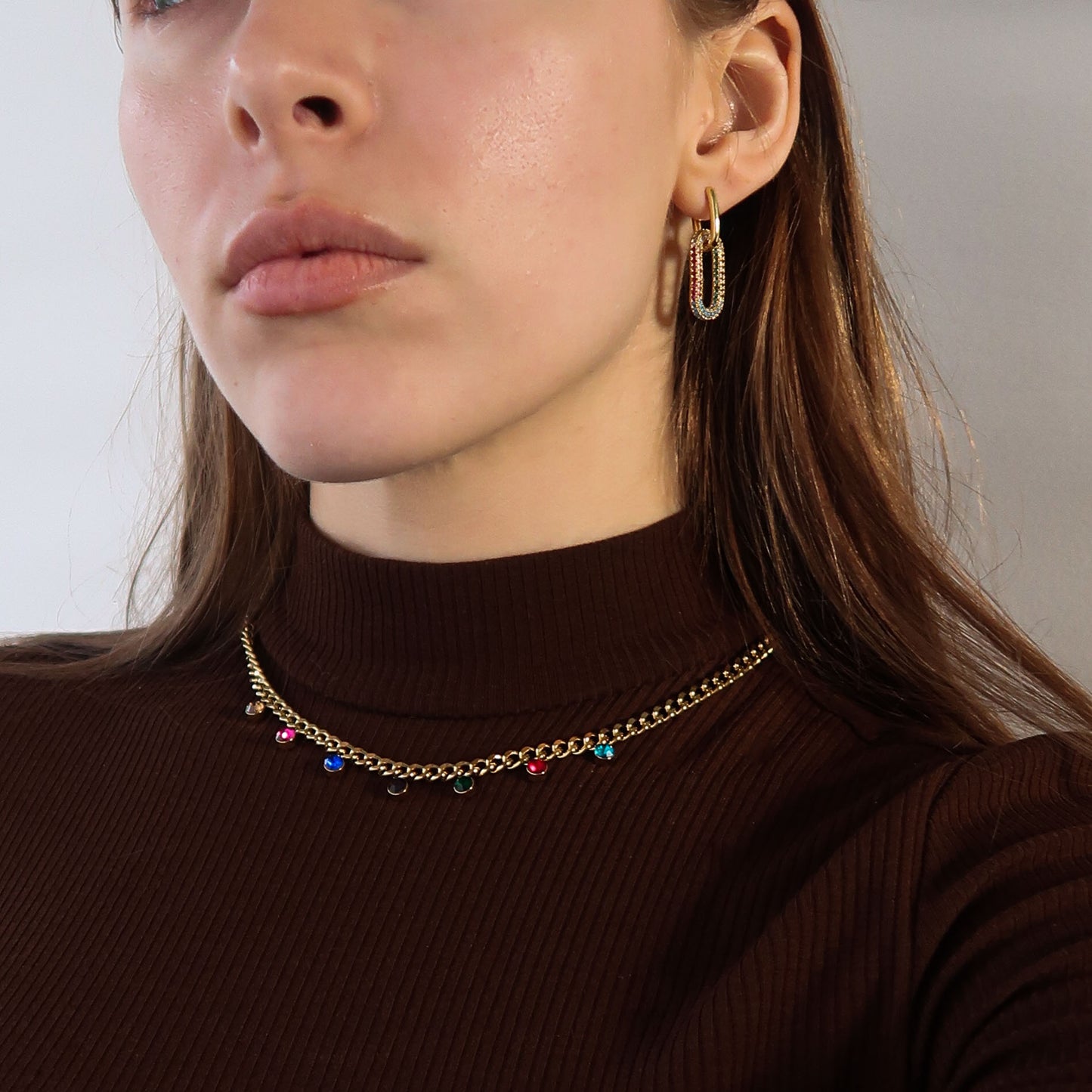 Multi Coloured Crystal Gold Curb Chain - Stainless Steel