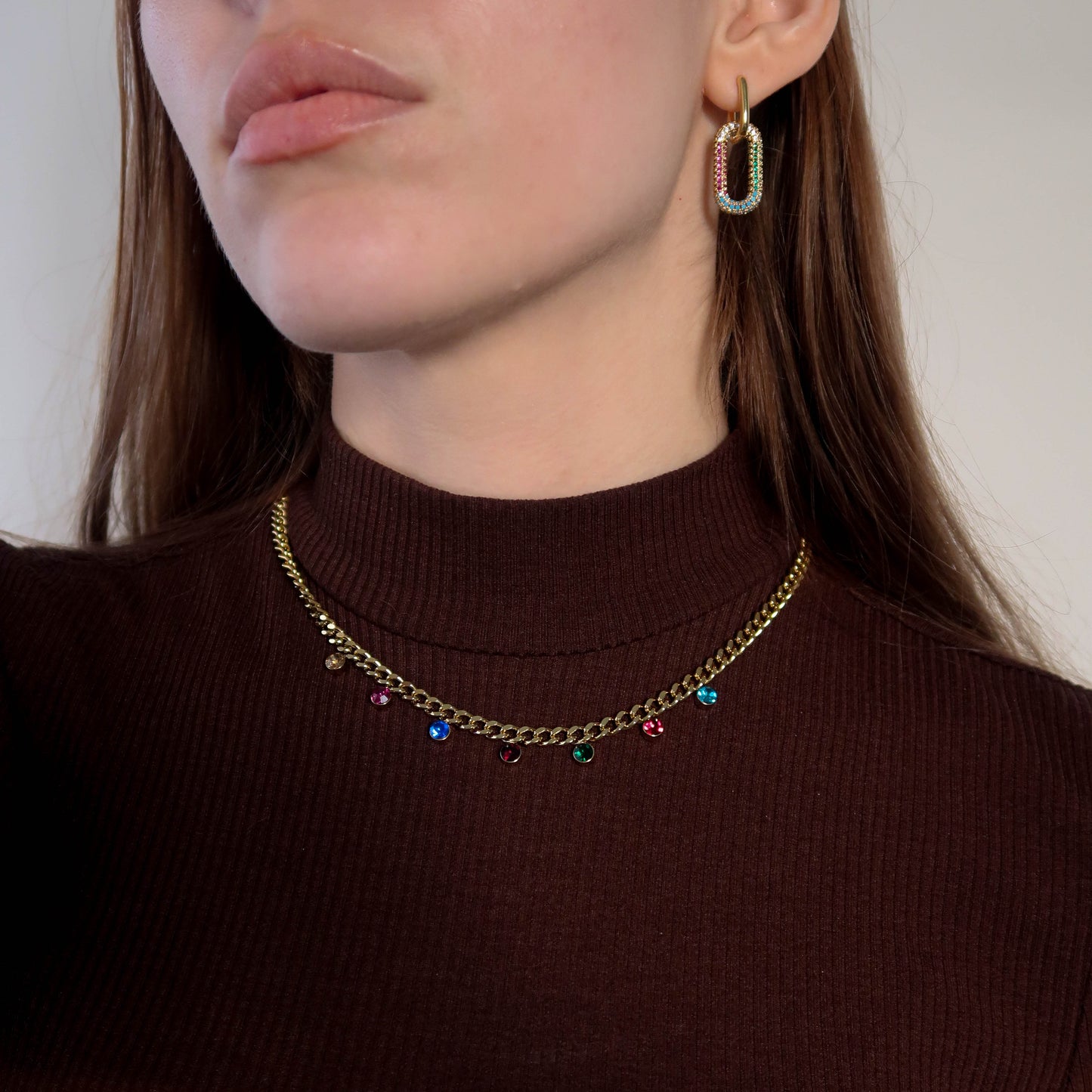 Multi Coloured Crystal Gold Curb Chain - Stainless Steel