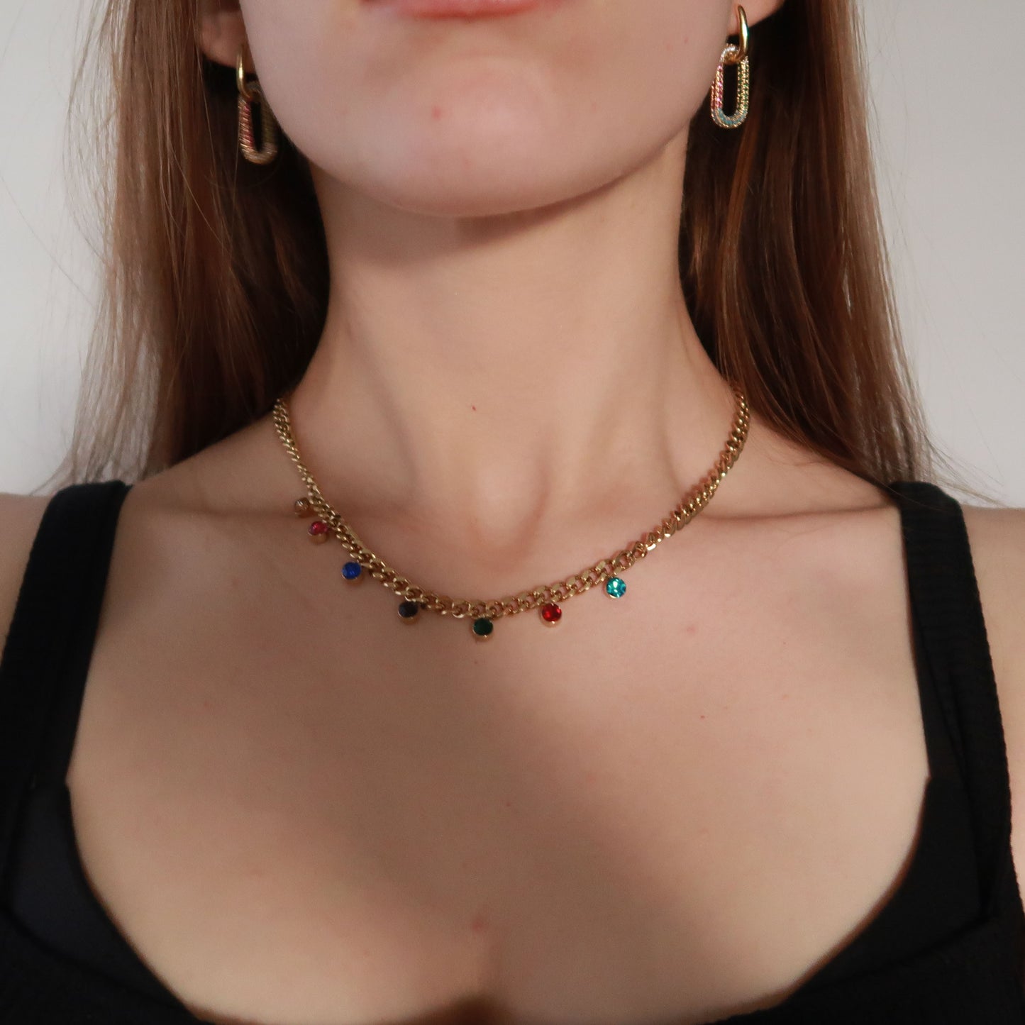 Multi Coloured Crystal Gold Curb Chain - Stainless Steel