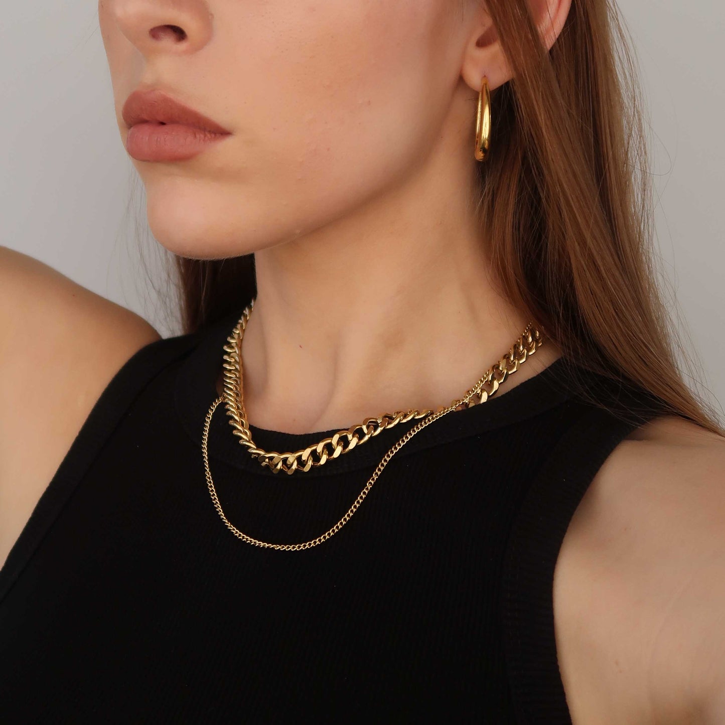 Gold Double Layered Chain Necklace - Stainless Steel (Curb Chains)