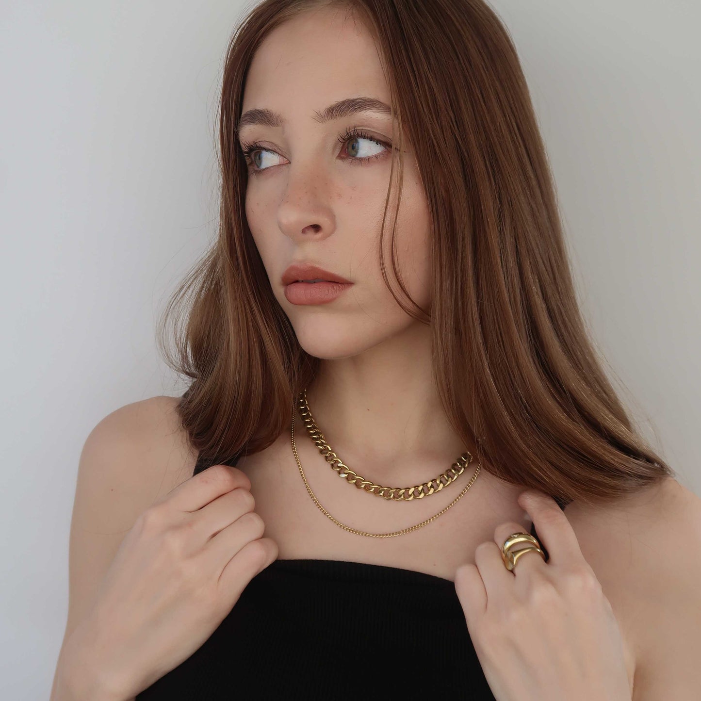 Gold Double Layered Chain Necklace - Stainless Steel (Curb Chains)