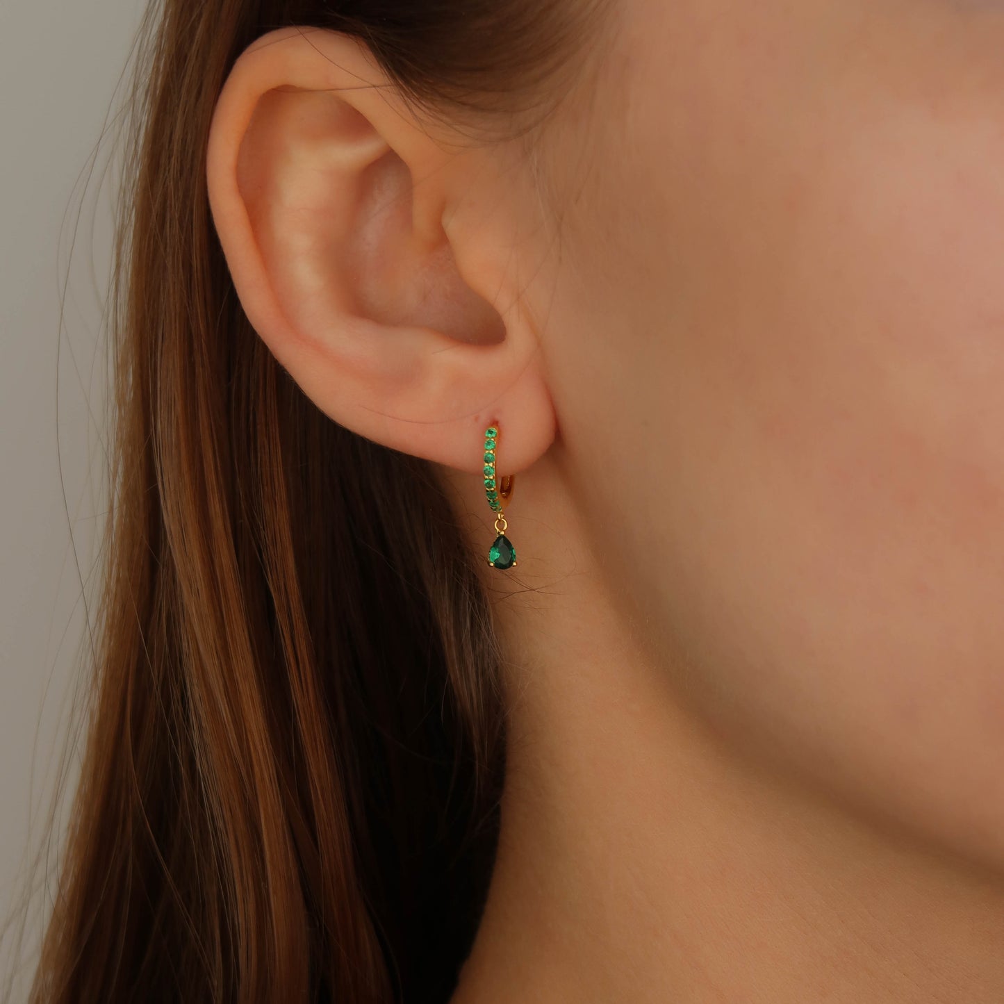 Green Pave Pear - Gold Huggie Hoop Earrings (Sterling Silver)