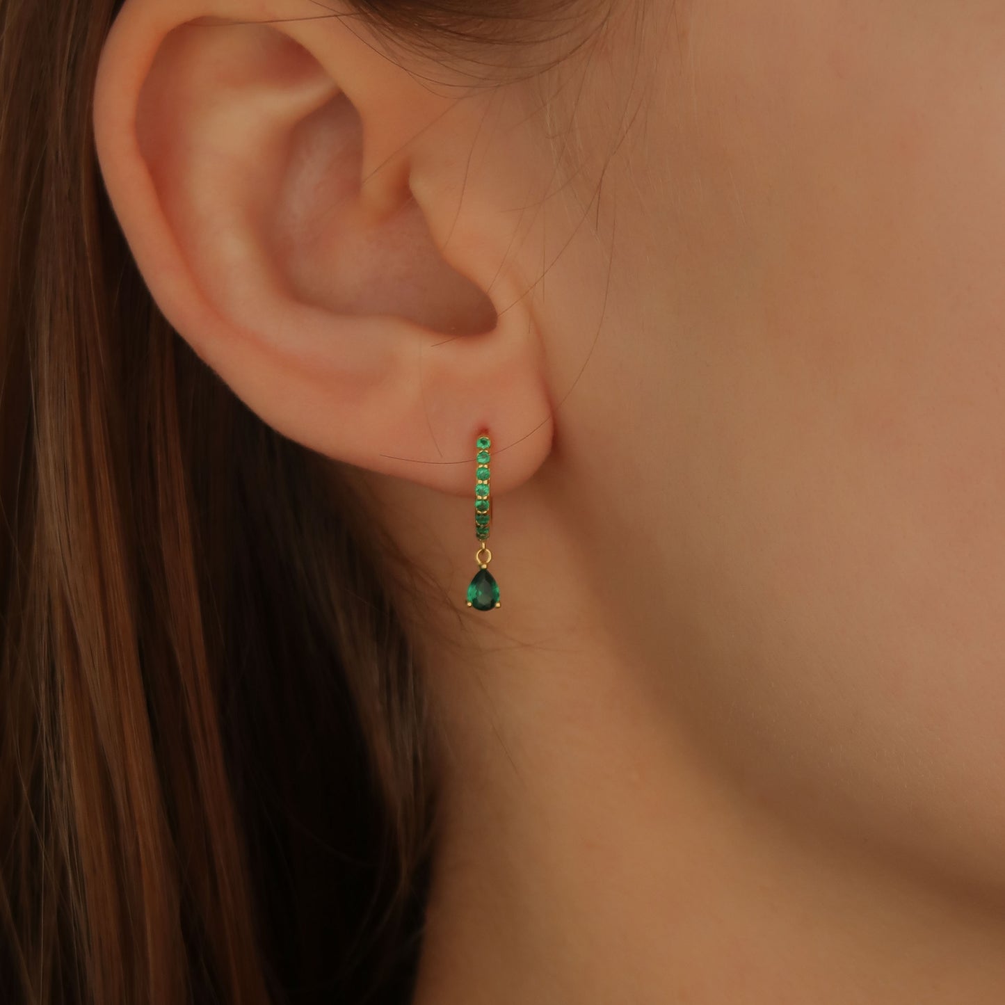 Green Pave Pear - Gold Huggie Hoop Earrings (Sterling Silver)