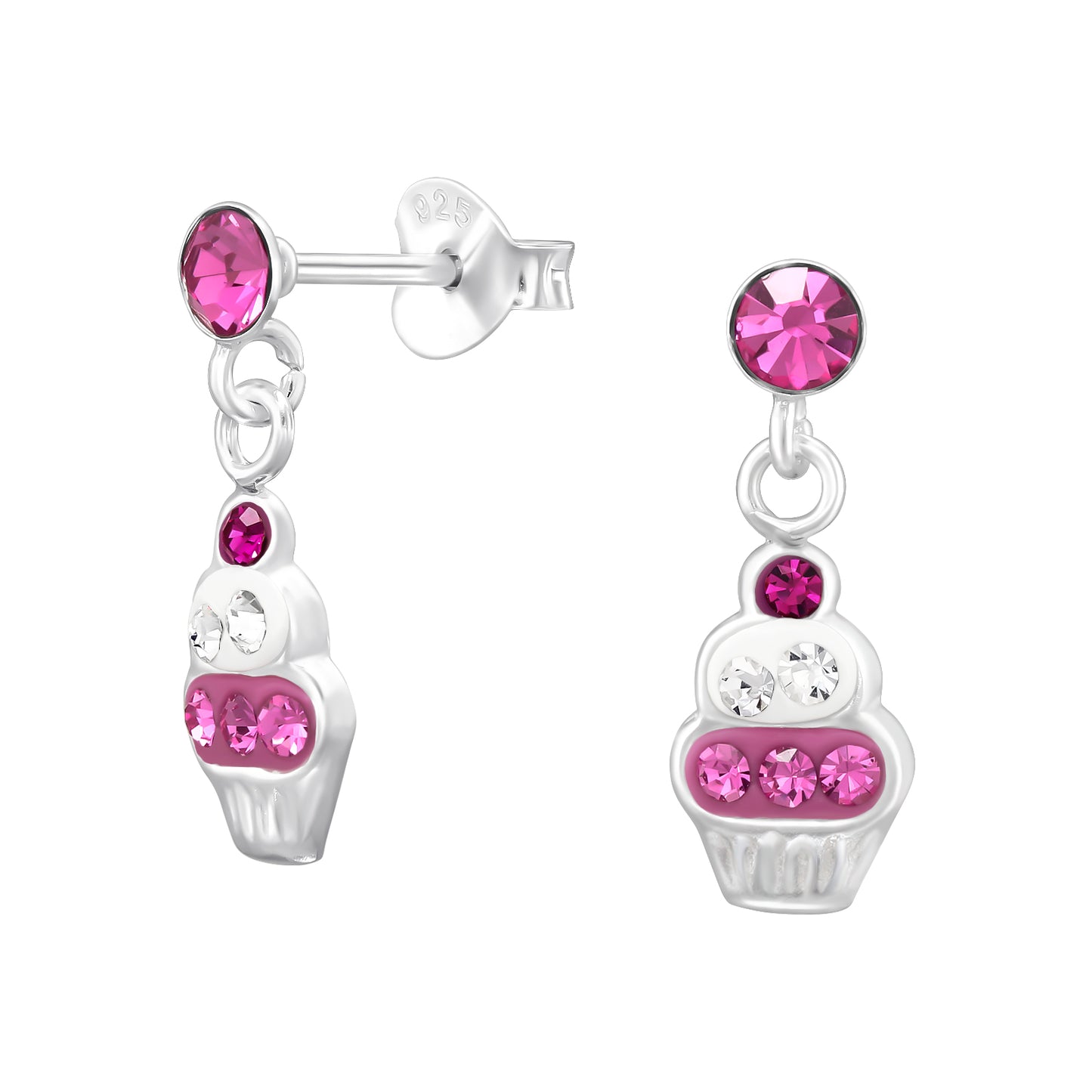 Cupcake-shaped earrings with pink gemstones on a white background