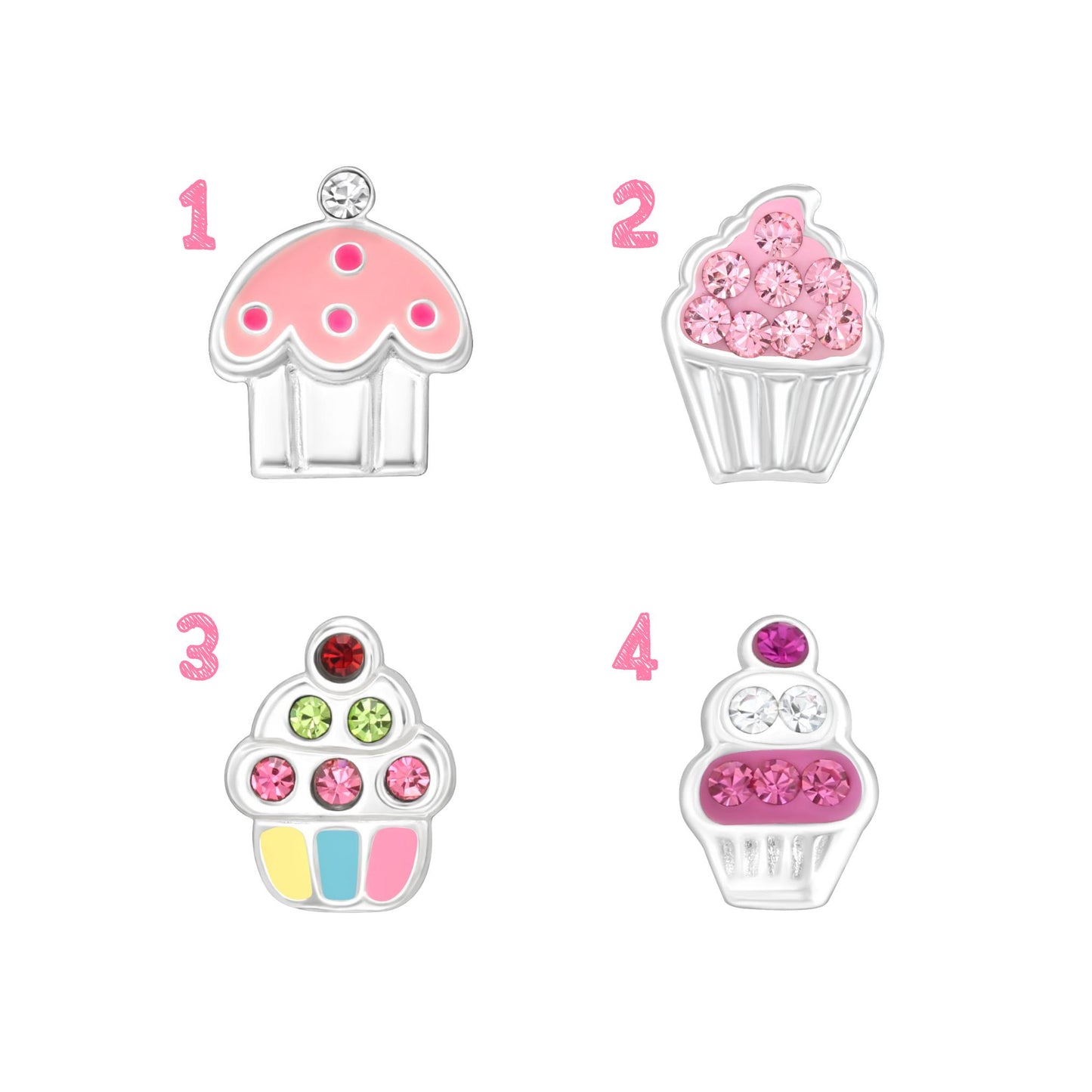 Kids Earrings, Girls Pink Cupcake Dessert Studs, Sterling Silver