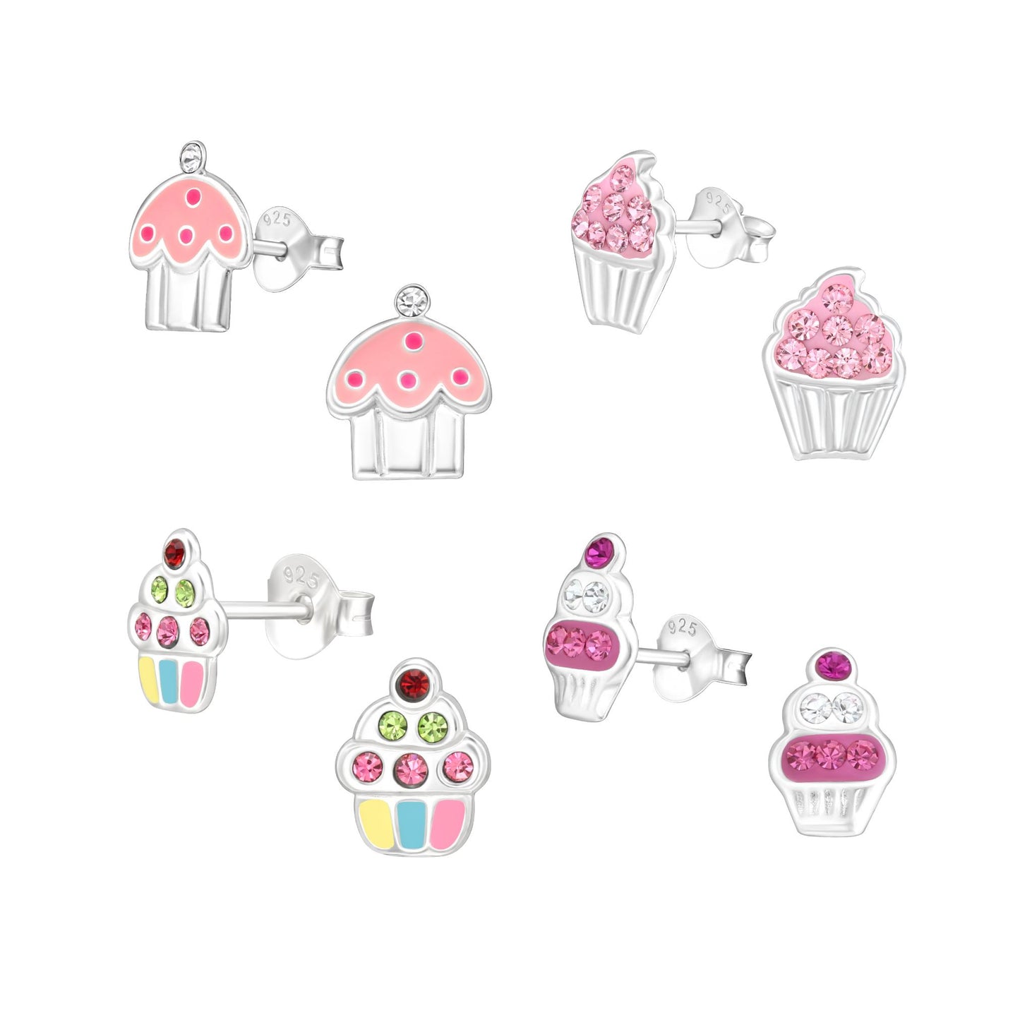 Cupcake-shaped earrings with pink and colorful designs on a white background