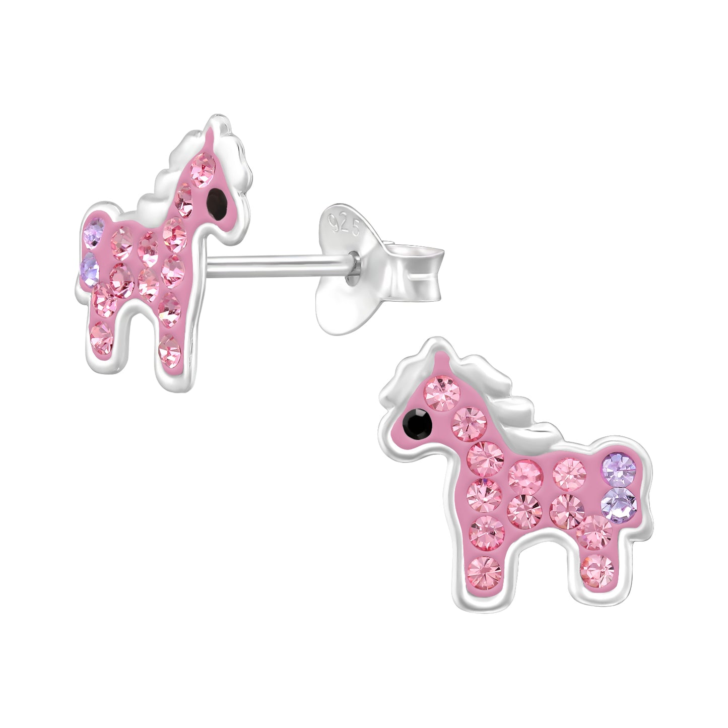 Pink unicorn-shaped earrings with clear stones on a white background