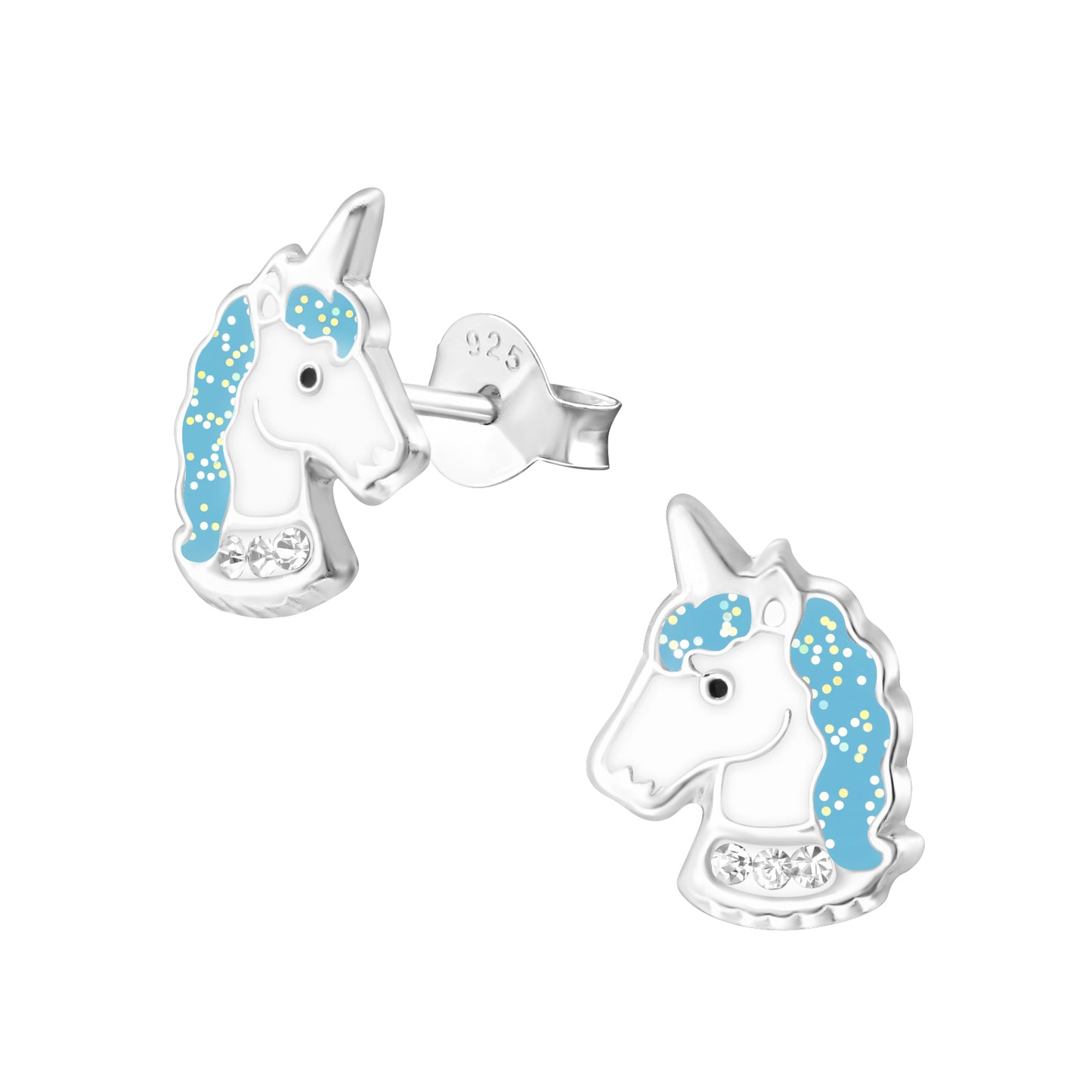 Kids blue unicorn earrings, sterling silver horse earrings