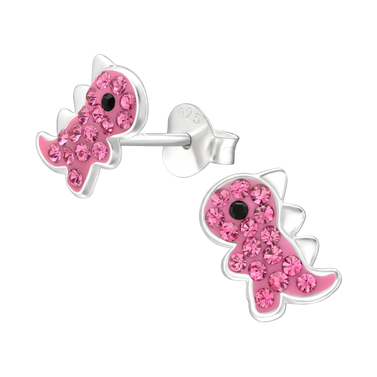 Pink Dinosaur Earrings, Kids Earrings, Sterling Silver, Crystal Shiny Sparkle