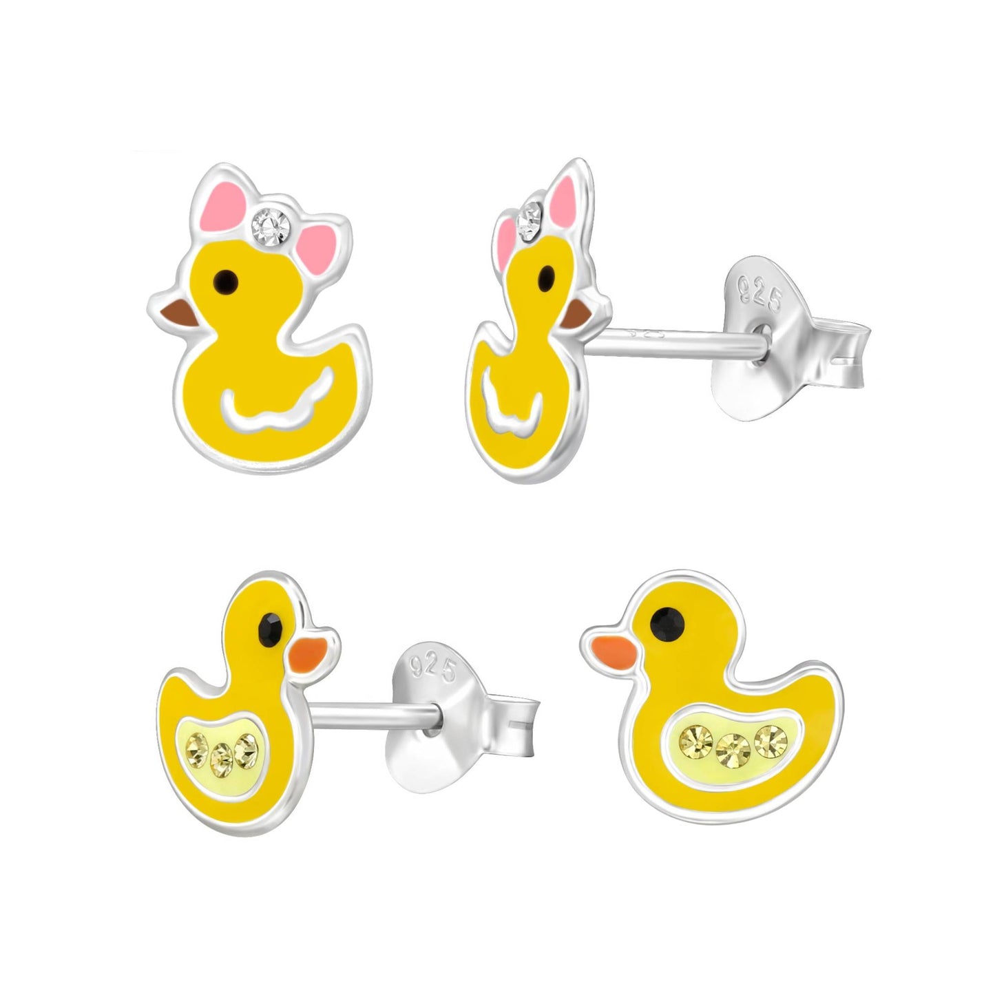Yellow rubber duck-shaped earrings with silver accents on a white background