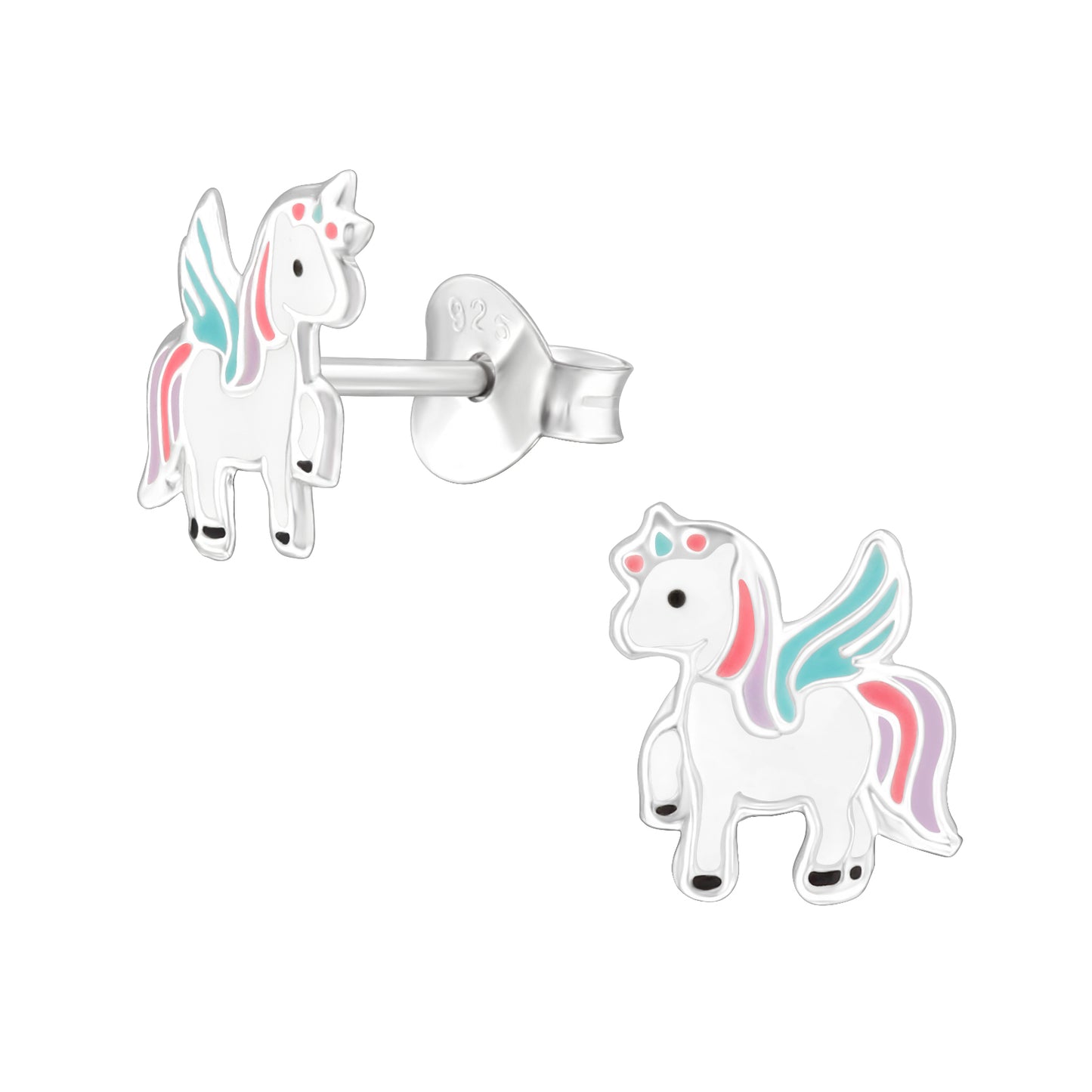 Unicorn-shaped earrings on a white background