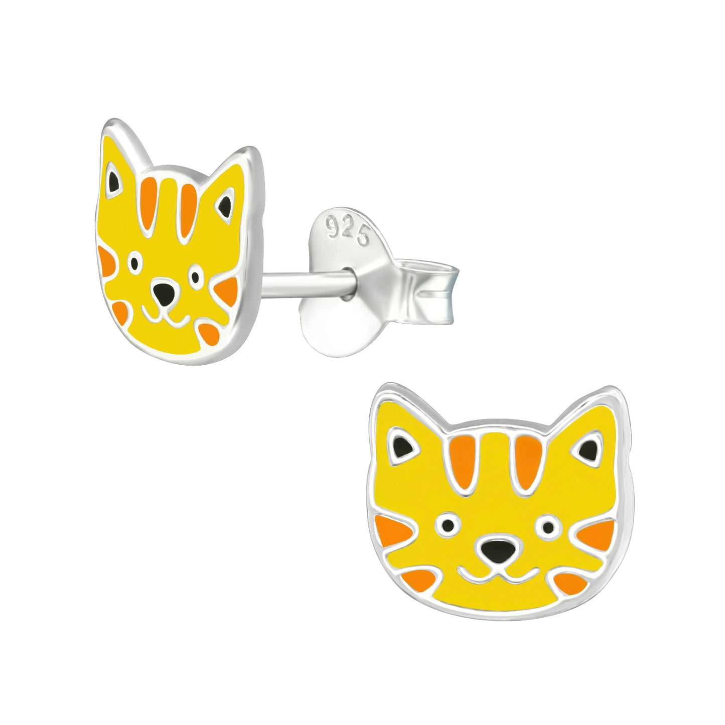 Cat-shaped, lion shaped, tiger shaped earrings with yellow face and orange stripes on a white background