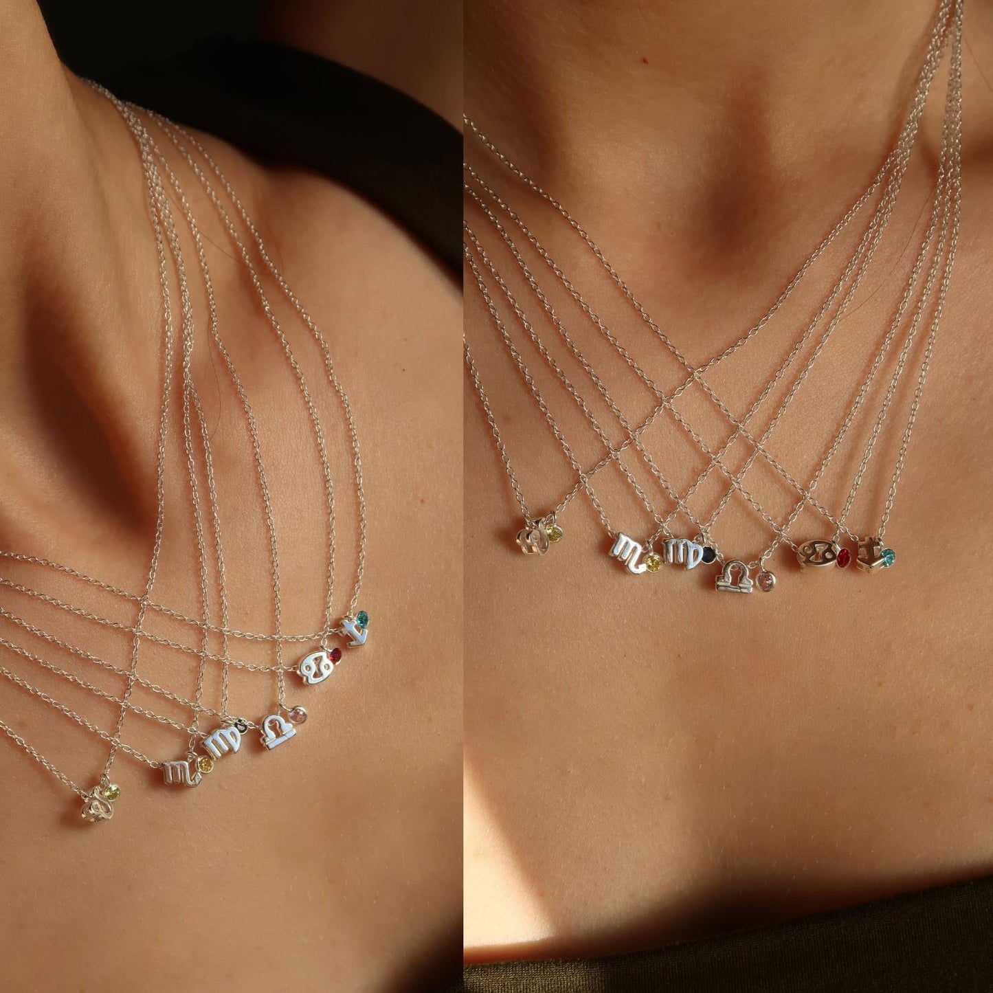 Zodiac Sign Necklace with Birthday Birthstone, Sterling Silver Astrology